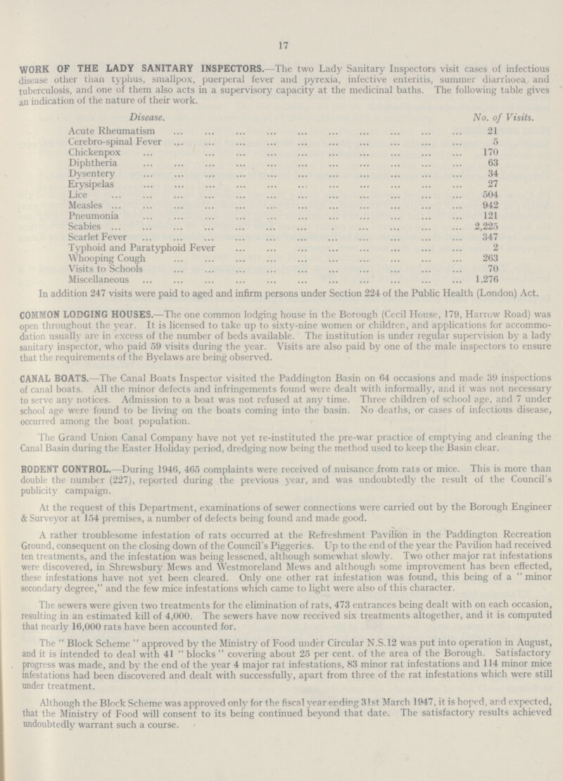 17 work of the lady sanitary inspectors. —The two Lady Sanitary Inspectors visit cases of infectious disease other than typhus, smallpox, puerperal fever and pyrexia, infective enteritis, summer diarrhoea and tuberculosis, and one of them also acts in a supervisory capacity at the medicinal baths. The following table gives an indication of the nature of their work. Disease. No. of Visits. Acute Rheumatism 21 Cerebro-spinal Fever 5 Chickenpox 170 Diphtheria 63 Dysentery 34 Erysipelas 27 Lice 504 Measles 942 Pneumonia 121 Scabies 2,225 ScarletFever 347 Typhoid and Paratyphoid Fever 2 Whooping Cough 263 Visits to Schools 70 Miscellaneous 1.276 In addition 247 visits were paid to aged and infirm persons under Section 224 of the Public Health (London) Act. common lodging houses. —The one common lodging house in the Borough (Cecil House, 179, Harrow Road) was open throughout the year. It is licensed to take up to sixty-nine women or children, and applications for accommo dation usually are in excess of the number of beds available. The institution is under regular supervision by a lady sanitary inspector, who paid 59 visits during the year. Visits are also paid by one of the male inspectors to ensure that the requirements of the Byelaws are being observed. canal boats.—The Canal Boats Inspector visited the Paddington Basin on 64 occasions and made 39 inspections of canal boats. All the minor defects and infringements found were dealt with informally, and it was not necessary to serve any notices. Admission to a boat was not refused at any time. Three children of school age, and 7 under school age were found to be living on the boats coming into the basin. No deaths, or cases of infectious disease, occurred among the boat population. The Grand Union Canal Company have not yet re-instituted the pre-war practice of emptying and cleaning the Canal Basin during the Easter Holiday period, dredging now being the method used to keep the Basin clear. rodent control.—During 1946, 465 complaints were received of nuisance from rats or mice. This is more than double the number (227), reported during the previous year, and was undoubtedly the result of the Council's publicity campaign. At the request of this Department, examinations of sewer connections were carried out by the Borough Engineer & Surveyor at 154 premises, a number of defects being found and made good. A rather troublesome infestation of rats occurred at the Refreshment Pavilion in the Paddington Recreation Ground, consequent on the closing down of the Council's Piggeries. Up to the end of the year the Pavilion had received ten treatments, and the infestation was being lessened, although somewhat slowly. Two other major rat infestations were discovered, in Shrewsbury Mews and Westmoreland Mews and although some improvement has been effected, these infestations have not yet been cleared. Only one other rat infestation was found, this being of a minor secondary degree, and the few mice infestations which came to light were also of this character. The sewers were given two treatments for the elimination of rats, 473 entrances being dealt with on each occasion, resulting in an estimated kill of 4,000. The sewers have now received six treatments altogether, and it is computed that nearly 16,000 rats have been accounted for. The Block Scheme approved by the Ministry of Food under Circular N.S.12 was put into operation in August, and it is intended to deal with 41 blocks covering about 25 per cent, of the area of the Borough. Satisfactory progress was made, and by the end of the year 4 major rat infestations, 83 minor rat infestations and 114 minor mice infestations had been discovered and dealt with successfully, apart from three of the rat infestations which were still under treatment. Although the Block Scheme was approved only for the fiscal year ending 31st March 1947, it is hoped, and expected, that the Ministry of Food will consent to its being continued beyond that date. The satisfactory results achieved undoubtedly warrant such a course.
