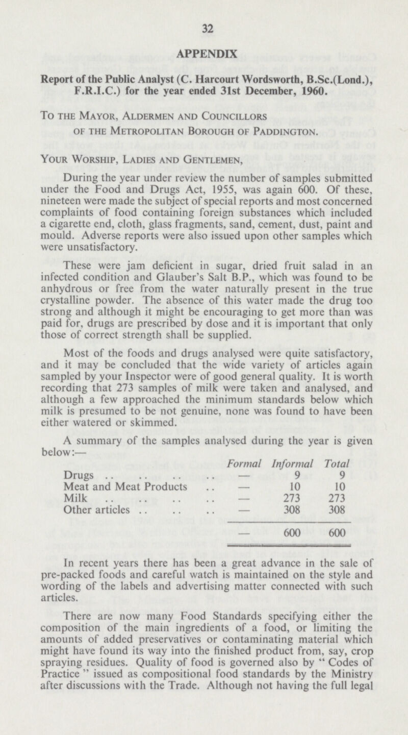 32 APPENDIX Report of the Public Analyst (C. Harcourt Wordsworth, B.Sc.(Lond.), F.R.I.C.) for the year ended 31st December, 1960. To the Mayor, Aldermen and Councillors of the Metropolitan Borough of Paddington. Your Worship, Ladies and Gentlemen, During the year under review the number of samples submitted under the Food and Drugs Act, 1955, was again 600. Of these, nineteen were made the subject of special reports and most concerned complaints of food containing foreign substances which included a cigarette end, cloth, glass fragments, sand, cement, dust, paint and mould. Adverse reports were also issued upon other samples which were unsatisfactory. These were jam deficient in sugar, dried fruit salad in an infected condition and Glauber's Salt B.P., which was found to be anhydrous or free from the water naturally present in the true crystalline powder. The absence of this water made the drug too strong and although it might be encouraging to get more than was paid for, drugs are prescribed by dose and it is important that only those of correct strength shall be supplied. Most of the foods and drugs analysed were quite satisfactory, and it may be concluded that the wide variety of articles again sampled by your Inspector were of good general quality. It is worth recording that 273 samples of milk were taken and analysed, and although a few approached the minimum standards below which milk is presumed to be not genuine, none was found to have been either watered or skimmed. A summary of the samples analysed during the year is given below:— Formal Informal Total Drugs — 9 9 Meat and Meat Products — 10 10 Milk — 273 273 Other articles 308 308 — 600 600 In recent years there has been a great advance in the sale of pre-packed foods and careful watch is maintained on the style and wording of the labels and advertising matter connected with such articles. There are now many Food Standards specifying either the composition of the main ingredients of a food, or limiting the amounts of added preservatives or contaminating material which might have found its way into the finished product from, say, crop spraying residues. Quality of food is governed also by  Codes of Practice  issued as compositional food standards by the Ministry after discussions with the Trade. Although not having the full legal