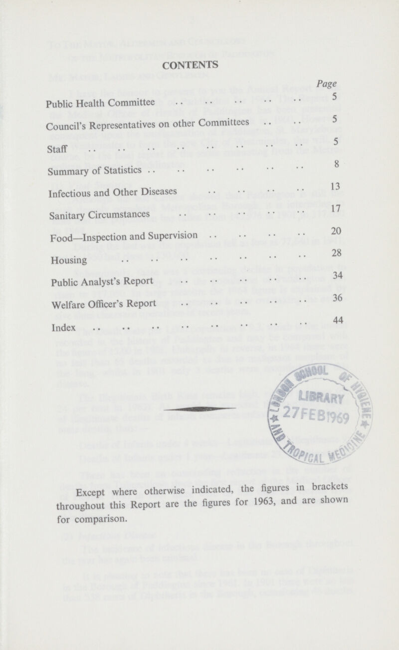 CONTENTS Page Public Health Committee 5 Council's Representatives on other Committees 5 Staff 5 Summary of Statistics 8 Infectious and Other Diseases 13 Sanitary Circumstances 17 Food—Inspection and Supervision 20 Housing 28 Public Analyst's Report 34 Welfare Officer's Report 36 Index 44 Except where otherwise indicated, the figures in brackets throughout this Report are the figures for 1963, and are shown for comparison.