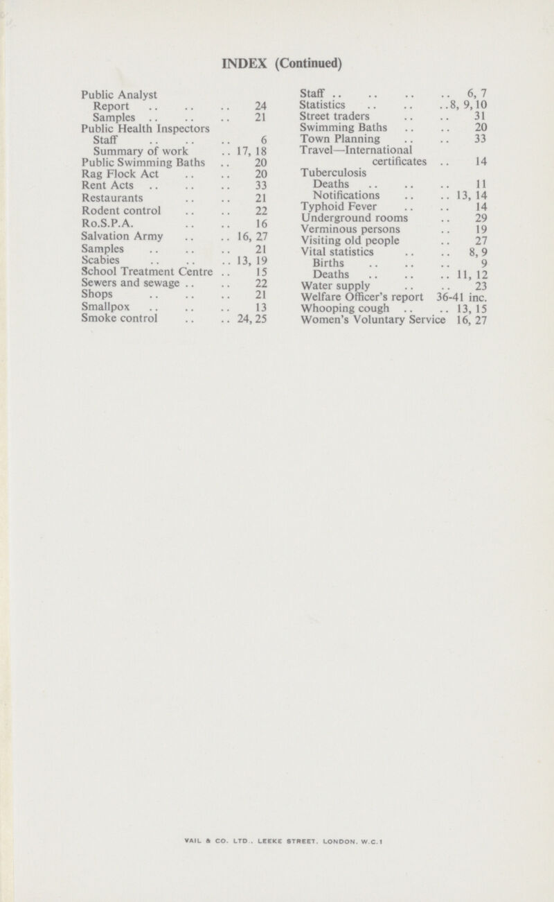 INDEX (Continued) Public Analyst Report 24 Samples 21 Public Health Inspectors Staff 6 Summary of work 17, 18 Public Swimming Baths 20 Rag Flock Act 20 Rent Acts 33 Restaurants 21 Rodent control 22 Ro.S.P.A. 16 Salvation Army 16,27 Samples 21 Scabies 13, 19 School Treatment Centre .. 15 Sewers and sewage 22 Shops 21 Smallpox 13 Smoke control 24, 25 Staff 6, 7 Statistics 8,9,10 Street traders 31 Swimming Baths 20 Town Planning 33 T ravel—International certificates 14 T uberculosis Deaths 11 Notifications 13,14 Typhoid Fever 14 Underground rooms 29 Verminous persons 19 Visiting old people 27 Vital statistics 8, 9 Births 9 Deaths 11,12 Water supply 23 Welfare Officer's report 36-41 inc. Whooping cough 13,15 Women's Voluntary Service 16, 27 VAIL a CO. LTD . LEEKE STREET. LONDON. W.C.I