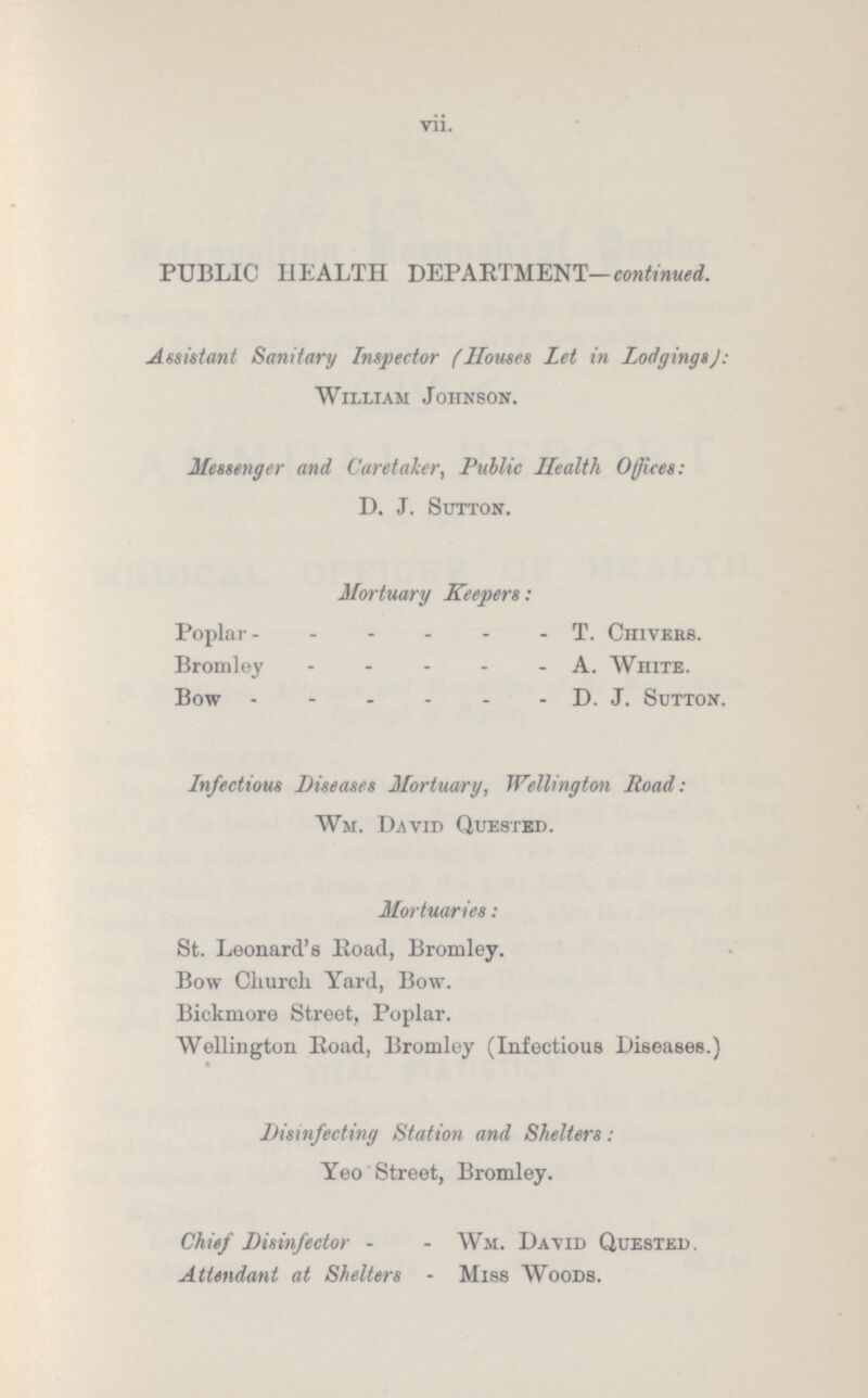 vii. PUBLIC HEALTH DEPARTMENT— continued. Assistant Sanitary Inspector (Houses Let in Lodgings J: William Johnson. Messenger and Caretaker, Public Health Offices: D. J. Sutton. Mortuary Keepers: Poplar T. Chivers. Bromley A. White. Bow D. J. Sutton. Infectious Diseases Mortuary, Wellington Road: Wm. David Quested. Mortuaries: St. Leonard's Road, Bromley. Bow Cliurch Yard, Bow. Bickmore Street, Poplar. Wellington Road, Bromley (Infectious Diseases.) Disinfecting Station and Shelters : Yeo Street, Bromley. Chief Disinfector Wm. David Quested Attendant at Shelters Miss Woods.