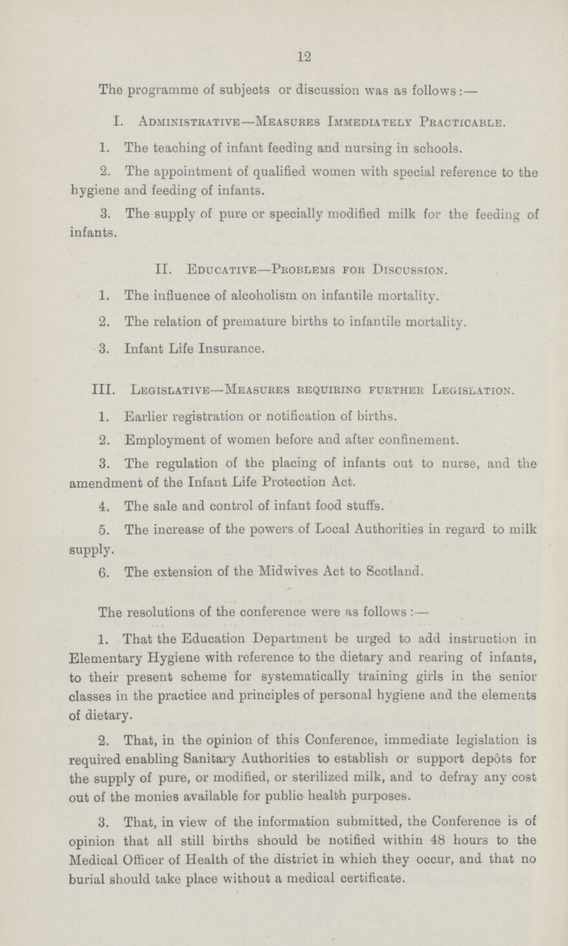 12 The programme of subjects or discussion was as follows I. Administrative—Measures Immediately Practicable. 1. The teaching of infant feeding and nursing in schools. 2. The appointment of qualified women with special reference to the hygiene and feeding of infants. 3. The supply of pure or specially modified milk for the feeding of infants. II. Educative—Problems for Discussion. 1. The influence of alcoholism on infantile mortality. 2. The relation of premature births to infantile mortality. 3. Infant Life Insurance. III. Legislative—Measures requiring further Legislation. 1. Earlier registration or notification of births. 2. Employment of women before and after confinement. 3. The regulation of the placing of infants out to nurse, and the amendment of the Infant Life Protection Act. 4. The sale and control of infant food stuffs. 5. The increase of the powers of Local Authorities in regard to milk supply. 6. The extension of the Midwives Act to Scotland. The resolutions of the conference were as follows :— 1. That the Education Department be urged to add instruction in Elementary Hygiene with reference to the dietary and rearing of infants, to their present scheme for systematically training girls in the senior classes in the practice and principles of personal hygiene and the elements of dietary. 2. That, in the opinion of this Conference, immediate legislation is required enabling Sanitary Authorities to establish or support depots for the supply of pure, or modified, or sterilized milk, and to defray any cost out of the monies available for public health purposes. 3. That, in view of the information submitted, the Conference is of opinion that all still births should be notified within 48 hours to the Medical Officer of Health of the district in which they occur, and that no burial should take place without a medical certificate.