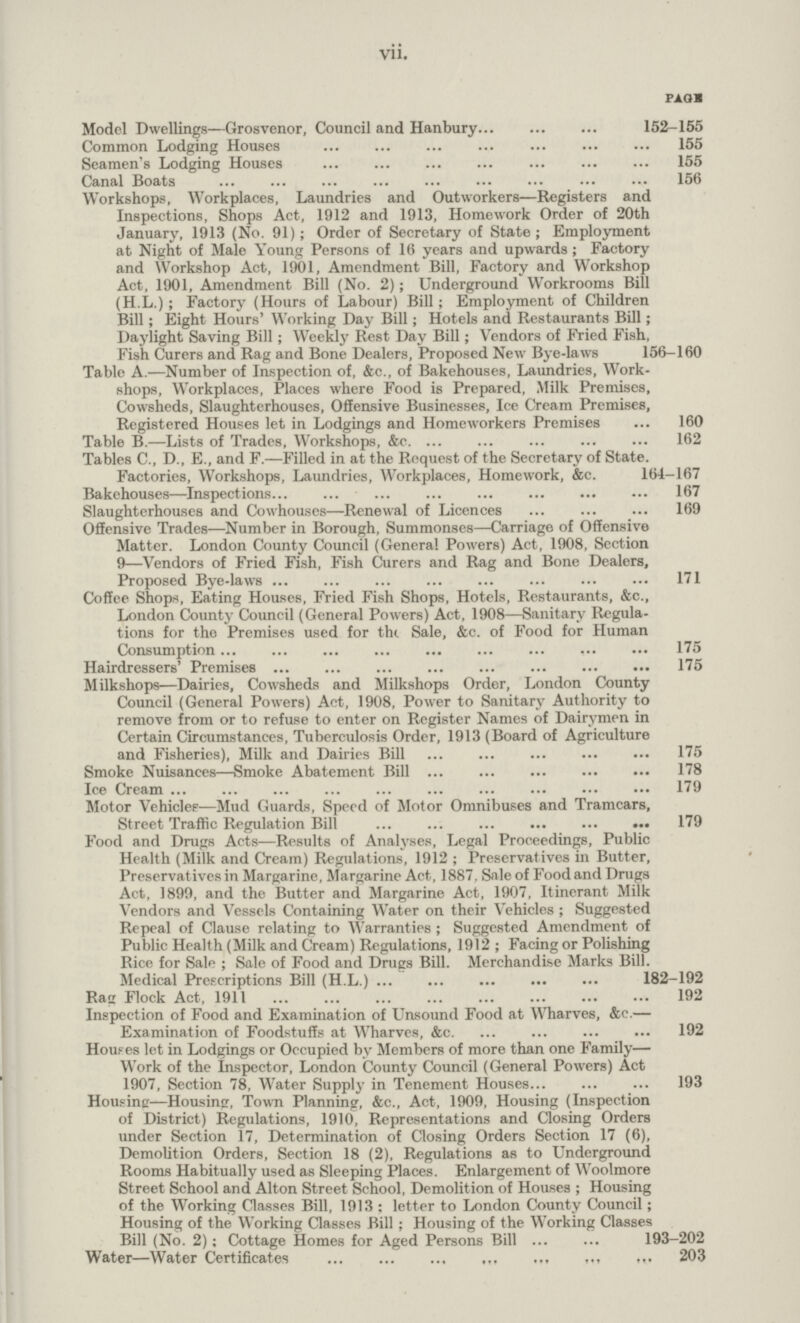 Vll. faob Model Dwellings—Grosvenor, Council and Hanbury 152.155 Common Lodging Houses 155 Seamen's Lodging Houses 155 Canal Boats 156 Workshops, Workplaces, Laundries and Outworkers—Registers and Inspections, Shops Act, 1912 and 1913, Homework Order of 20th January, 1913 (No. 91); Order of Secretary of State; Employment at Night of Male Young Persons of 16 years and upwards ; Factory and Workshop Act, 1901, Amendment Bill, Factory and Workshop Act, 1901, Amendment Bill (No. 2); Underground Workrooms Bill (H.L.); Factory (Hours of Labour) Bill; Employment of Children Bill; Eight Hours' Working Day Bill; Hotels and Restaurants Bill; Daylight Saving Bill; Weekly Rest Day Bill; Vendors of Fried Fish, Fish Curers and Rag and Bone Dealers, Proposed New Bye.laws 156.160 Tablo A.—Number of Inspection of, &c., of Bakehouses, Laundries, Work shops, Workplaces, Places where Food is Prepared, Milk Premises, Cowsheds, Slaughterhouses, Offensive Businesses, Ice Cream Premises, Registered Houses let in Lodgings and Homeworkers Premises ... 160 Table B.—Lists of Trades, Workshops, &c 162 Tables C., D., E., and F.—Filled in at the Request of the Secretary of State. Factories, Workshops, Laundries, Workplaces, Homework, &c. 161—167 Bakehouses—Inspections 167 Slaughterhouses and Cowhouses—Renewal of Licences 169 Offensive Trades—Number in Borough, Summonses—Carriage of Offensive Matter. London County Council (Genera! Powers) Act, 1908, Section 9—Vendors of Fried Fish, Fish Curers and Rag and Bone Dealers, Proposed Bye.laws 171 Coffee Shops, Eating Houses, Fried Fish Shops, Hotels, Restaurants, &c., London County Council (General Powers) Act, 1908—Sanitary Regula tions for the Premises used for the Sale, &c. of Food for Human Consumption 175 Hairdressers' Premises 175 Milkshops—Dairies, Cowsheds and Milkshops Order, London County Council (General Powers) Act, 1908, Power to Sanitary Authority to remove from or to refuse to enter on Register Names of Dairymen in Certain Circumstances, Tuberculosis Order, 1913 (Board of Agriculture and Fisheries), Milk and Dairies Bill 175 Smoke Nuisances—Smoke Abatement Bill 178 Ice Cream 179 Motor Vehicles—Mud Guards, Speed of Motor Omnibuses and Tramcars, Street Traffic Regulation Bill 179 Food and Drugs Acts—Results of Analyses, Legal Proceedings, Public Health (Milk and Cream) Regulations, 1912; Preservatives in Butter, Preservat ives in Margarine, Margarine Act, 1887. Sale of Food and Drugs Act, 1899, and the Butter and Margarine Act, 1907, Itinerant Milk Vendors and Vessels Containing Water on their Vehicles; Suggested Repeal of Clause relating to Warranties; Suggested Amendment of Public Health (Milk and Cream) Regulations, 1912; Facing or Polishing Rice for Sale; Sale of Food and Drugs Bill. Merchandise Marks Bill. Medical Prescriptions Bill (H.L.) 182.192 Rag Flock Act, 1911 192 Inspection of Food and Examination of Unsound Food at Wharves, &c,— Examination of Foodstuffs at Wharves, &c 192 Houses let in Lodgings or Occupied bv Members of more than one Family— Work of the Inspector, London County Council (General Powers) Act 1907, Section 78, Water Supply in Tenement Houses 193 Housinc—Housing, Town Planning, &c., Act, 1909, Housing (Inspection of District) Regulations, 1910, Representations and Closing Orders under Section 17, Determination of Closing Orders Section 17 (6), Demolition Orders, Section 18 (2), Regulations as to Underground Rooms Habitually used as Sleeping Places. Enlargement of Woolmore Street School and Alton Street School, Demolition of Houses; Housing of the Working Classes Bill, 1913 : letter to London County Council; Housing of the Working Classes Bill; Housing of the Working Classes Bill (No. 2); Cottage Homes for Aged Persons Bill 193.202 Water—Water Certificates 203
