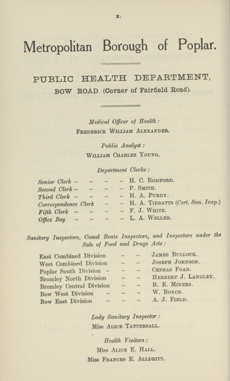 X. Metropolitan Borough of Poplar. PUBLIC HEALTH DEPARTMENT, BOW ROAD (Corner of Fairfield Road). Medical Officer of Health: Frederick William Alexander. Public Analyst: William Charles Young. Department Clerks: Senior Clerk H. C. Rodford. Second Clerk P. Smith. Third Clerk H. A. Purdy. Correspondence Clerk H. A. Tibbatts (Cert. San. Insp.) Fifth Clerk F. J. White. Office Boy L. A. Weller. Sanitary Inspectors, Canal Boats Inspectors, and Inspectors under the Sale of Food and Drugs Acts: East Combined Division James Bullock. West Combined Division Joseph Johnson. Poplar South Division Cephas Foad. Bromley North Division Herbert J. Langley. Bromley Central Division R. E. Miners. Bow West Division W. Boyce. Bow East Division A. J. Field. Lady Sanitary Inspector: Miss Alice Tattebsall. Health Visitors : Miss Alice E. Hall. Miss Frances E. Alldritt.