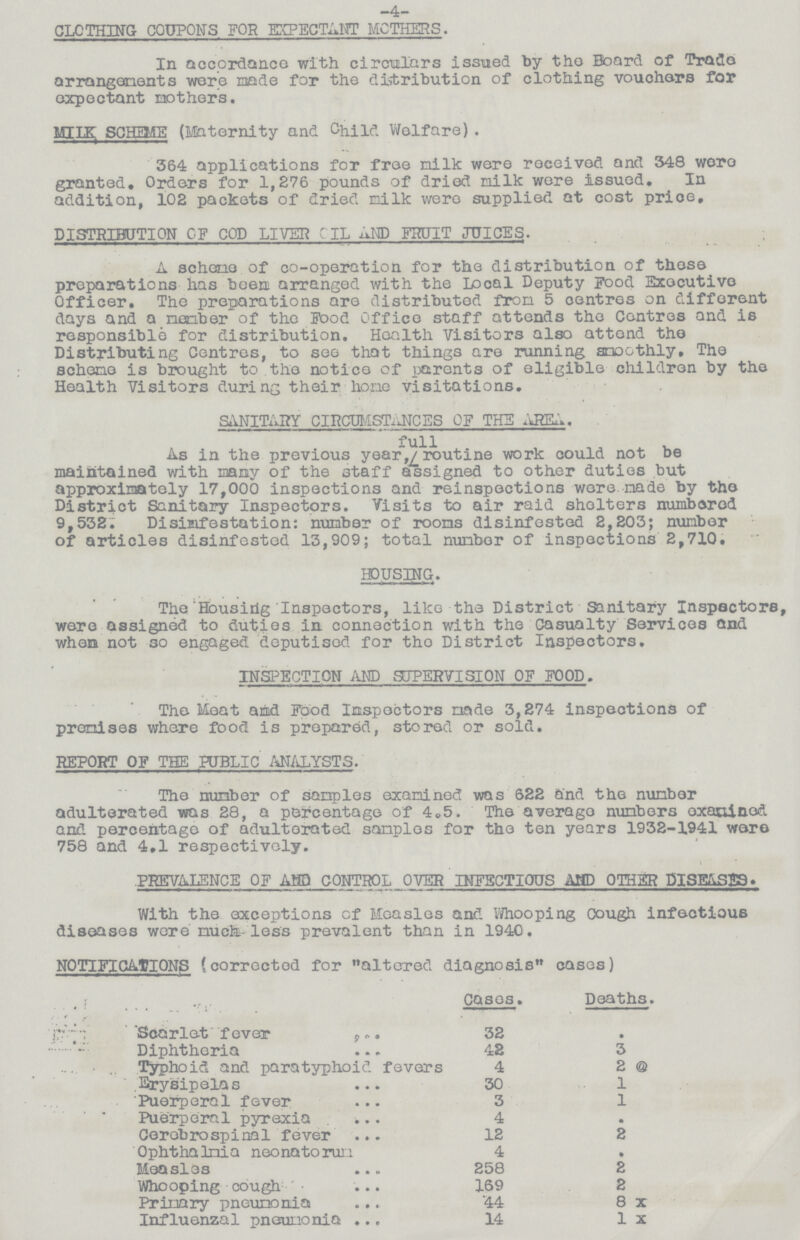 4 CLOTHING COUPONS FOR EXPECTANT MOTHERS. In accordance with circuilars issued by thE Board of Trade arrangements were made for the distribution of clothing vouChers for expectant mothers. MILK SCHEME (Maternity and child Welfare) 364 applications for free milk were received and 348 wore granted. Orders for 1,276 pounds of dried milk wore issued. In addition, 102 packets of dried Milk were supplied at cost price, DISTRIBUTION OF COD LIVER oIL AND Fruit JUICES. A scheme of co-operation for the distribution of those preparations has been arranged with the Local Deputy Food Executive Officer. The preparations are distributed fron 5 centres on different days and a member of the Food Office staff attends the Centres and is responsible for distribution. Health Visitors also attend tho Distributing Centres, to see that things are running snoothly. The scheme is brought to the notice of parents of eligible children by the Health Visitors during their hone visitations. SANITARY CIRCUMSTANCES OF THE Area full As in the previous year/routine work could not be maintained with many of the staff assigned to other duties but approximately 17,000 inspections and reinspections were nade by tho Distriot Sanitary Inspectors. Visits to air raid shelters numbered 9,532. Disimfestation: number of rooms disinfested 2,203; nunber of articles disinfested 13,909; total number of inspections 2,710. HOUSING. The Housing Inspectors, like the District Sanitary Inspectors, were assigned to duties in connection with the Casualty Services and when not so engaged deputised for tho District Inspectors. INSPECTION AND SUPERVISION OF FOOD. The Meat and Food Inspectors made 3,274 inspections of premises where food is prepared, stored or sold. REPORT OF THE PUBLIC ANALYSTS. The number of samples examined was 622 and the number adulterated was 28, a percentage of 4.5. The average numbers oxa???d and percentage of adultorated sanples for the ten years 1932-1941 wore 758 and 4.1 respectively. ; PREVALENCE OF AND CONTROL OVER INFECTIOUS AMD OTHER DISEASES. With the exceptions of Measles and Whooping Cough infectious diseases were much less prevalent than in 1940. NOTIFICATIONS (corrected for altered diagnosis cases) Cases. Deaths. Scarlet fever 32 • Diphtheria 42 3 Typhoid and paratyphoid fevers 4 2 @ Erysipelas 30 1 Puerperal fever 3 1 Puerperal pyrexia 4 • Cerebrospinal fever 12 2 Ophthalmia neonatorum 4 • Measlos 258 2 Whooping cough 169 2 Primary pneumonia 44 8 x Influenzal pneumonia 14 1 X