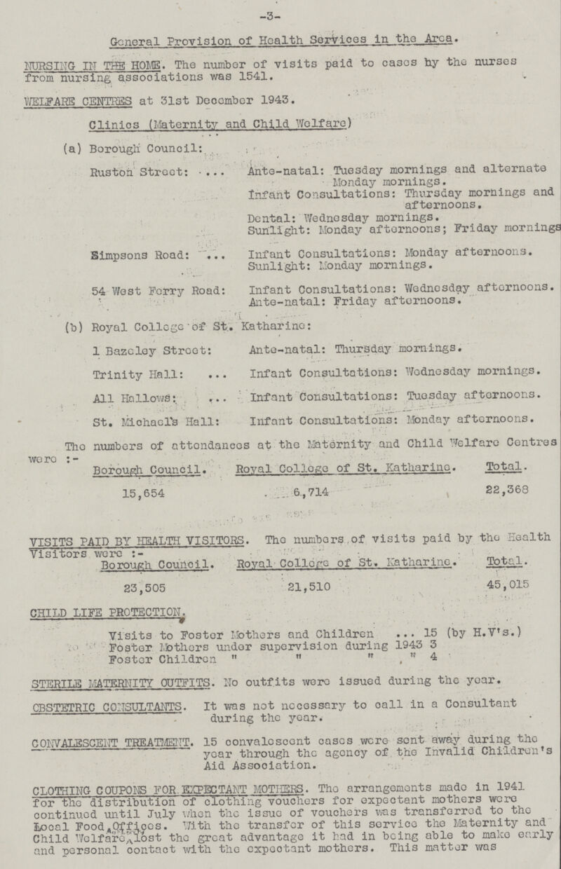 -3- General Provision of Health SerVices In the Area. NURSING IN THE HOME. The number of visits paid to cases hy the nurses from nursing associations was 1541. WELFARE CENTRES at 31st December 1943. Clinics (Maternity and Child Welfare) (a) Borough Council: Rustoh Street: Ante-natal: Tuesday mornings and alternate Monday mornings. Infant Consultations: Thursday mornings and afternoons. Dental: Wednesday mornings. Sunlight: Monday afternoons; Friday mornings Simpsons Road: Infant Consultations: Monday afternoons. Sunli ght: Monday morn ings. 54 West Fdfry Road: Infant Consultations: Wednesday afternoons. Ante-natal: Friday afternoons. (b) Royal College of St. katharine 1 Bazeley Stroot: Ante-natal: Thursday mornings. Trinity Hall: Infant Consultations: Wodnesday mornings. All Hallows: Infant Consultations: Tuesday afternoons. St. Michael's Hall: Infant Consultations: Monday afternoons. The numbers of attendances at the Maternity and Child Welfare Centres were Borough Council. Royal College of St. Katharine. Total. 15,654 6,714 22,368 VISITS PAID BY HEALTH VISITORS. Tho numbers.of visits paid by tho Health Visitors were . Borough Council. Royal College of St. Katharine. Total. 23,505 21,510 45,015 CHILD LIFE PROTECTION. Visits to Foster Mothers and Children 15 (by H.V's.) Foster Mothers under supervision during 1943 3 Foster Children 4 STERILE MATERNITY OUTFITS. No outfits were issued during the year. OBSTETRIC CONSULTANTS. It was not necessary to oall in a Consultant during the year. CONVALESCENT TREATMENT. 15 convalescent cases were sent away during the year through the agency of the Invalid Children's Aid Association. CLOTHING COUPONS FOR EXPECTANT MOTIISRS. The arrangements made in 1941 for the distribution of clothing vouchers for expectant mothers were continued until July when the issue of vouchers was transferred to the Local FoodA offices. With the transfer of this service the Maternity and Child Welfare lost the great advantage it had in being able to make early and personal contact with the expectant mothers. This matter was