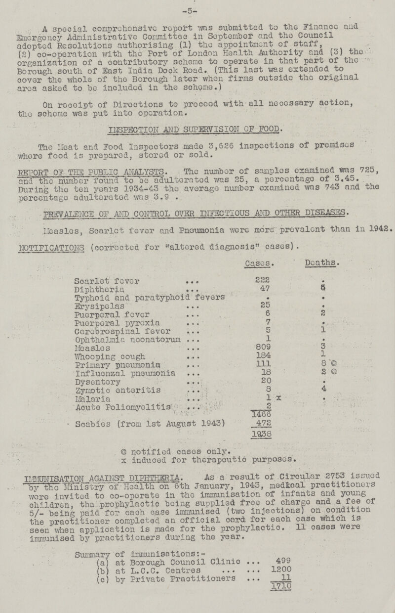 -5- A special comprehensive report was submitted to the Finance and Emergency Administrative Committee in September and the Council adopted Resolutions authorising (1) the appointment of staff, (2) co-operation with the Port of London Health Authority and (3) the organization of a contributory scheme to operate in that part of the Borough south of East India Dock Road. (This last was extended to cover the whole of the Borough later when firms outsido the original area asked to be included in the scheme.) On receipt of Directions to proceed with all necessary action, the scheme was put into operation. INSPECTION AND SUPERVISION OF FOOD. Tho Meat and Food Inspectors made 3,626 inspections of preaises where food is prepared, stored or sold. REPORT OF THE PUBLIC ANALYSTS. The number of samples examined was 725, and the number found to be adulterated was 25, a percentage of 3.45. . During tho ten years 1934-43 the average number examined was 743 and the percentage adulterated was 3,9 . PREVALENCE OF AND CONTROL OVER INFECTIOUS AND OTHER DISEASES. Measles, Scarlet fever and Pneumonia were more' prevalent than in 1942. NOTIFICATIONS (corrected for altered diagnosis cases). Cases. Deaths. Scarlet fever 222 . Diphtheria 47 5 Typhoid and paratyphoid fevers • . Erysipelas 25 . Puerperal fever 6 2 Puerperal pyrexia 7 . Cerebrospinal fever 5 1 Ophthalmia neonatorum 1 . Measles — 809 3 Whooping cough 184 1 Primary pneumonia 111 8@ Influenzal pneumonia 18 2 @ Dysentory 20 . Zymotic enteritis 8 4 Malaria 1 X . Acute Poliomyelitis 2 . 1466 . Scabies (from 1st August 1943) 472 . 1938 © notified oases only. x induced for therapeutio purposes. IMMUNISATION AGAINST DIPHTHERIA. As a result of Circular 2753 issued by the Ministry of Health on 6th January, 1943, medical practitioners wore invited to co-operate in tho immunisation of infants and young children, the prophylactic being supplied free of charge and a fee of 5/- being paid for each case immunised (two injections) on condition the practitioner completed an official card for each case which is seen when application is made for the prophylactic. 11 cases were immunised by practitioners during the year. Summary of immunisations:- (a) at Borough Council Clinic 499 (b) at L.C.C. Centres 1200 (c) by Private Practitioners 11 1710
