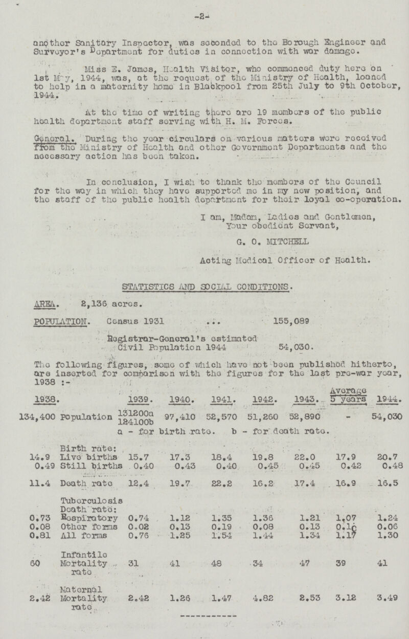 -2- another Sanitary Inspector, was seconded to the Borough Engineer and Surveyor's department for duties in connection with war damage. Miss E. James, Health Visitor, who commenced duty hero on 1st May, 1944, was, at the roquost| of the Ministry of Health, loaned to help in a maternity homo in Blackpool from 25th July to 9th October, 1944. At the time of writing there are 19 members of the public health department staff serving with H. M. Forces. General. During the year circulars on various matters wore recoived from the Ministry of Health and other Government Departments and the necessary action has been taken. In conclusion, I wish to thank the members of the Council for the way in which they have supported me in my new position, and the staff of the public health deportment for their loyal co-operation. I am, Madam, Ladles and Gentlemen, Your obedient Servant, G. 0. MITCHELL Acting Modica1 Officer of Health. STATISTICS AND SOCIAL CONDITIONS. AREA. 2,136 acres. POPULATION. Census 1931 ... 155,089 r ~ 1 1 ' 1 ■ 11 ■ ■ ' • ' . • ■ ■■ Bogistrar-Goneralts estimated Civil Population 1944 f 54,030. The following figures, some of which have not been published hitherto, are inserted for comparison with the figures for the last pre-war year, 1938 1938 • 1939. 1940. 1941. 1942. 1943... Average 5' years 1944. 134,400 population 31200a 34100b 97,410 52,570 51,260 52,890 54,030 a - for birth rate. b - for death rate. 14.9 Birth rate; Live births 15.7 17.3 18.4 19.8 22.0 17.9 20.7 0.49 Still births . 0.40 0.43 0.40 0.45 0 .45 0.42 0.48 11.4 Death rate 12,4 19.7 22.2 16.2 17.4 16.9 16.5 0,73 Tuborculosis Deathrate: Hospiratory 0.74 1.12 1.35 ' ; . . ; \ . 1 1.36 1.21 1,07 1.24 0.08 Other forms 0,02 0.13 0.19 0.08 0.13 O.ln 0.06 0.81 All forms 0.76 1.25 1.54 1.44 1.34 1.17 1.30 60 Infantile Mortality rate 31 41 48 34 47 39 41 2.42 Maternal Mortality rate... 2.42 1.26 1.47 4.82 2.53 3.12 3.49