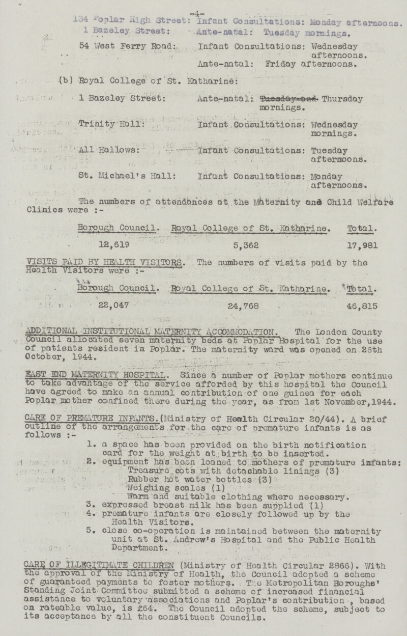 —4-— 134 poplar High Street: infant Consultations: Monday afternoons 1 Bazeley Street: Ante-natal: Tuesday mornings. 54 West Ferry Road: Infant Consultations: Wednesday afternoons. Ante-natal: Friday afternoons. (b) Royal College of St. Katharine: 1 Bazeley Street: Ante-natal: Tuesday Thursday mornings. Trinity Hall: Infant Consultations: Wednesday mornings. All Hallows: Infant Consultations: Tuesday afternoons. St. Michael's Hall: Infant Consultations: Monday afternoons. The numbers of attendances at the Maternity and Child Welfare Clinics were Borough Council. Royal College of St. Katharine. Total. 12,619 5,362 17,981 VISITS PAID BY HEALTH VISITORS. The numbers of visits paid by the Health Visitors were Borough Council. Royal College of St. Katharine. Total. 22,047 24,768 46,815 ADDITIONAL INSTITUTIONAL ETERNITY x^CCOIJ-IOD^TION. The London County Council allocated seven maternity beds at Poplar Hospital for the use of patients resident in Poplar. The maternity ward was opened on 26th October, 1944. EAST END MATETRNITY HOSPITAL. Since a number of Poplar mothers continue to take advantage of the service afforded by this hospital the Council have agreed to nake an annual contribution of one guinea for each Poplar mother confined, thore during the year, as from 1st November, 1944. CARE OF PREMATURE INFANTS. (Ministry of Health Circular 20/44). A brief outline of the arrangements for the care of premature infants is as follows :- 1. a space has been provided on the birth notification card for the weight at birth to be inserted. 2. equipment has boon loaned to mothers of premature infants; Treasure cots with detachable linings (3) Rubber hot water bottles {3) Weighing scales (1) Warm and suitable clothing where necessary. 3. expressed breast milk has been supplied (l) 4. premature infants are closely followed up by the Health Visitors. 5. close co-operation is maintained between the maternity unit at St, Andrew's Hospital and the Public Health Department. CARE OF ILLEGITIMATE CHILDREN (Ministry of Health Circular 2866). With the approval of the Ministry of Health, the Council adopted a scheme of guaranteed payments to foster mothers. The Metropolitan Boroughs' Standing Joint Committee submitted a scheme of increased financial assistance to voluntary associations and Poplar's contribution , based on rateable value, is £64. The Council adopted the scheme, subject to its acceptance by all tho constituent Councils.