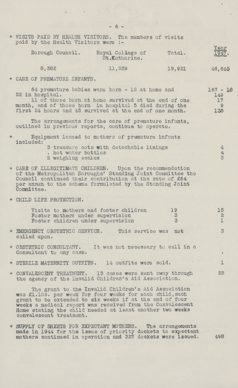 - 6 - + VISITS PAID BY HEALTH VISITORS. The numbers of visits paid by the Health Visitors were Borough Council. Royal College of St,Katharine. Total. Year 1947, 8, 382 11,539 19,921 46,645 + CAPE OF PREMATURE INFANTS. 64 premature babies were born - 12 at home and 52 in hospital. 11 of those born at home survived at the end of one month, and of those born in hospital 5 died during the first 24 hours and 45 survived at the end of one month. 167 - 18 149 17 9 138 The arrangements for the care of premature infants, outlined in previous reports, continue to operate. + Equipment loaned to mothers of premature infants included: 3 treasure cots with detachable linings 4 . hot water bottles 4 2 weighing scales 3 + CARE OF ILLEGITIMATE CHILDREN. Upon the recommendation of the Metropolitan Boroughs' Standing Joint Committee the Council continued their contribution at the rate of £64 per annum to the scheme formulated by the Standing Joint Committee. + CHILD LIFE PROTECTION. Visits to mothers and foster children 19 15 Foster mothers under supervision 3 2 Foster children under supervision 3 1 + EMERGENCY OBSTETRIC SERVICE. This service wa3 not called upon. 3 + OBSTETRIC CONSULTANT, It was not necessary to call in a Consultant to any case. • + STERILE MATERNITY OUTFITS. 14 outfits were sold. 1 + CONVALESCENT TREATMENT. 13 coses were sent away through the agency of the Invalid Children's Aid Association. 25 The grant to the Invalid Children's Aid Association was £1.10s. per week for four weeks for each ohild.such grant to be extended to six weeks if at the end of four weeks a medical report was received from the Convalescent Home stating the child needed at least another two weeks convalescent treatment. + SUPPLY OF SHEETS FOR EXPECTANT MOTHERS. The arrangements made in 1944 for the issue of priority dockets to expectant mothers continued in operation and 327 dockots were issued. 498