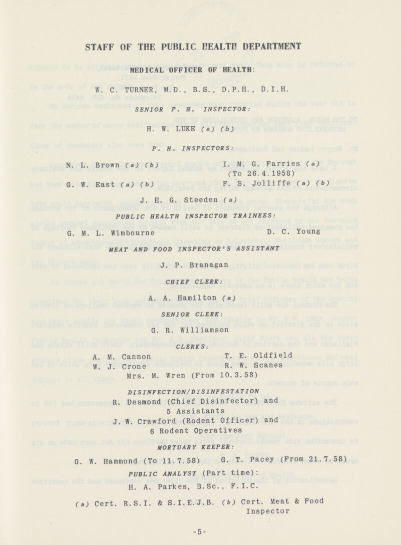 STAFF OF THE PUBLIC HEALTH DEPARTMENT MEDICAL OFFICER OF HEALTH: W. C. TURNER, M.D., B. S. , D.P.H., D.I.H. SENIOR P. Ho INSPECTOR: H. W. LUKE (a) (b) P. H. INSPECTORS: N. L. Brown (a) (b) I. M. G. Farries (a) (To 26. 4. 1958) G. W. East (a) (b) F. S. Jolliffe (a) (b) J. E. G. Steeden (a) PUBLIC HEALTH INSPECTOR TRAINEES: G. M. L. Wimbourne D. C. Young MEAT AND FOOD INSPECTOR'S ASSISTANT J. P. Branagan CHIEF CLERK: A. A. Hamilton (a) SENIOR CLERK: G. R. Williamson clerks: A. M. Cannon T. E. Oldfield W. J. Crone R. W. Scanes Mrs. M. Wren (From 10.3.58) DISINFECTION/DISINFESTATION R. Desmond (Chief Disinfector) and 5 Assistants J. W. Crawford (Rodent Officer) and 6 Rodent Operatives MORTUARY KEEPER: G. W. Hammond (To 11.7.58) G. T. Pacey (From 21.7.58) public analyst (Part time): H. A. Parkes, B.Sc., F.I.C. (a) Cert. R.S.I. & S.I.E.J.B. (b) Cert. Meat & Food Inspector -5-