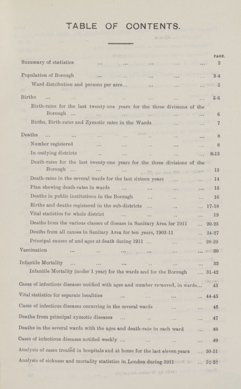 TABLE OF CONTENTS. page. Summary of statiatics 2 Population of Borough 3-4 Ward distribution and persons per acre 5 Births 5-6 Birth-rates for the last twenty-one years for the three divisions of the Borough 6 Births, Birth-rates and Zymotic rates in the Wards 7 Deaths 8 Number registered 8 In outlying districts 8-13 Death-rates for the last twenty-one years for the three divisions of the Borough 13 Death-rates in the several wards for the last sixteen years 14 Plan shewing death-rates in wards 15 Deaths in public institutions in the Borough 16 Births and deaths registered in the sub-districts 17-18 Vital statistics for whole district 19 Deaths from the various classes of disease in Sanitary Area for 1911 20-23 Deaths from all causes in Sanitary Area for ten years, 1902-11 24-27 Principal causes of and ages at death during 1911 28-29 Vaccination 30 Infantile Mortality 32 Infantile Mortality (under 1 year) for the wards and for the Borough 31-42 Cases of infectious diseases notified with ages and number removed, in wards 43 Vital statistics for separate localities 44-45 Cases of infectious diseases occurring in the several wards 46 Deaths from principal zymotic diseases 47 Deaths in the several wards with the ages and death-rate in each ward 48 Cases of infectious diseases notified weekly 49 Analysis of cases treated in hospitals and at home for the last eleven years 50-51 Analysis of sickness and mortality statistics in London during 1911 52-53
