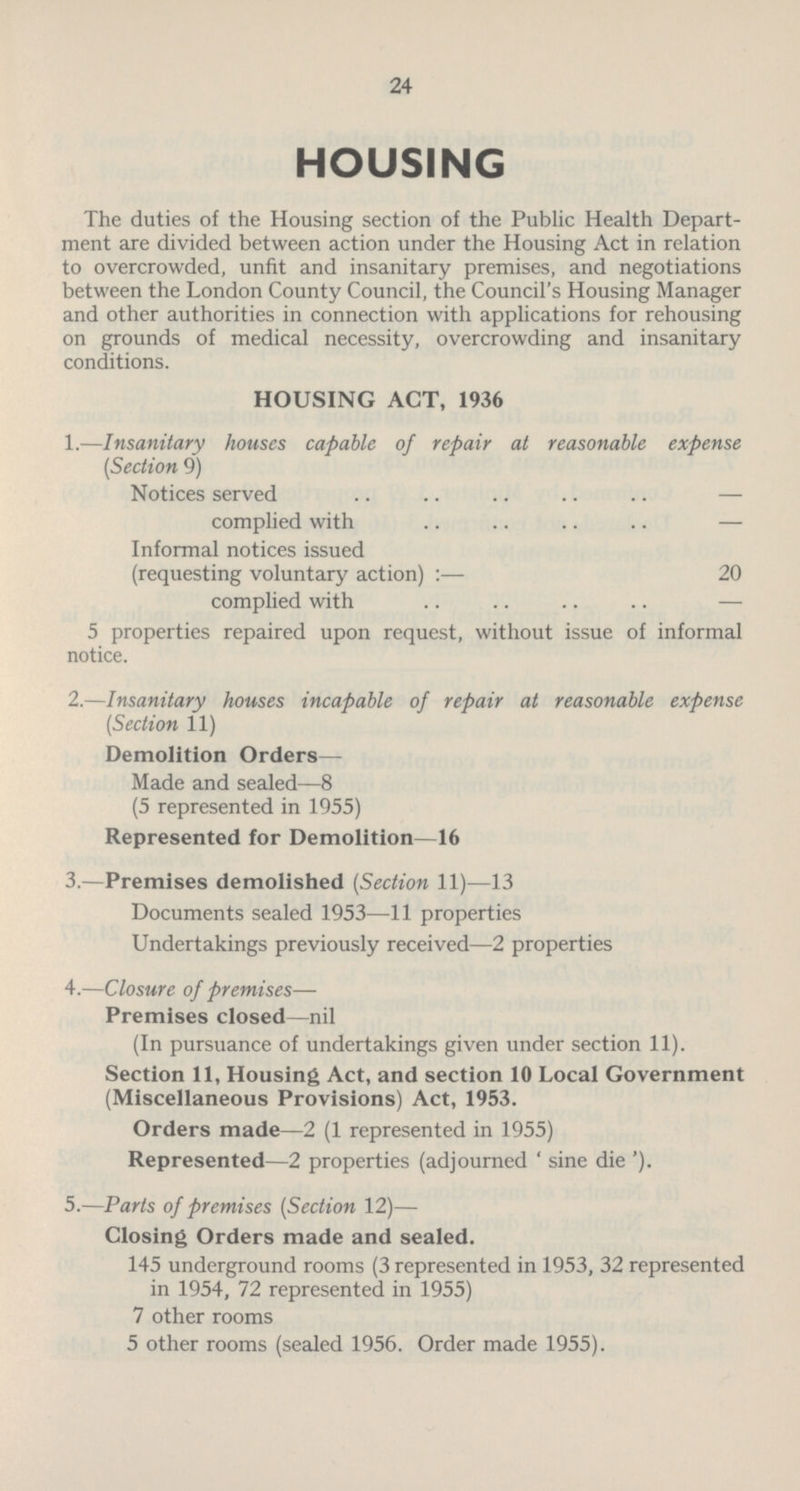 24 HOUSING The duties of the Housing section of the Public Health Depart ment are divided between action under the Housing Act in relation to overcrowded, unfit and insanitary premises, and negotiations between the London County Council, the Council's Housing Manager and other authorities in connection with applications for rehousing on grounds of medical necessity, overcrowding and insanitary conditions. HOUSING ACT, 1936 1.—Insanitary houses capable of repair at reasonable expense [Section 9) Notices served — complied with — Informal notices issued (requesting voluntary action) :— 20 complied with — 5 properties repaired upon request, without issue of informal notice. 2.—Insanitary houses incapable of repair at reasonable expense [Section 11) Demolition Orders— Made and sealed—8 (5 represented in 1955) Represented for Demolition—16 3.—Premises demolished [Section 11)—13 Documents sealed 1953—11 properties Undertakings previously received—2 properties 4.—Closure of premises— Premises closed—nil (In pursuance of undertakings given under section 11). Section 11, Housing Act, and section 10 Local Government (Miscellaneous Provisions) Act, 1953. Orders made—2 (1 represented in 1955) Represented—2 properties (adjourned ' sine die '). 5.—Parts of premises [Section 12)— Closing Orders made and sealed. 145 underground rooms (3 represented in 1953, 32 represented in 1954, 72 represented in 1955) 7 other rooms 5 other rooms (sealed 1956. Order made 1955).