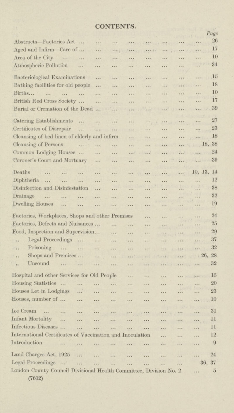CONTENTS. Page Abstracts—Factories Act 26 Aged and Infirm—Care of 17 Area of the City 10 Atmospheric Pollution 34 Bacteriological Examinations 15 Bathing facilities for old people 18 Births 10 British Red Cross Society 17 Burial or Cremation of the Dead 39 Catering Establishments 27 Certificates of Disrepair 23 Cleansing of bed linen of elderly and infirm 18 Cleansing of Persons 18, 38 Common Lodging Houses 24 Coroner's Court and Mortuary 39 Deaths 10, 13, 14 Diphtheria 12 Disinfection and Disinfestation 38 Drainage 32 Dwelling Houses 19 Factories, Workplaces, Shops and other Premises 24 Factories, Defects and Nuisances 25 Food, Inspection and Supervision 29 „ Legal Proceedings 37 „ Poisoning 32 „ Shops and Premises 26, 28 „ Unsound 32 Hospital and other Services for Old People 15 Housing Statistics 20 Houses Let in Lodgings 23 Houses, number of 10 Ice Cream 31 Infant Mortality 11 Infectious Diseases 11 International Certificates of Vaccination and Inoculation 12 Introduction 9 Land Charges Act, 1925 24 Legal Proceedings 36, 37 London County Council Divisional Health Committee, Division No. 2 ... 5 (7602)