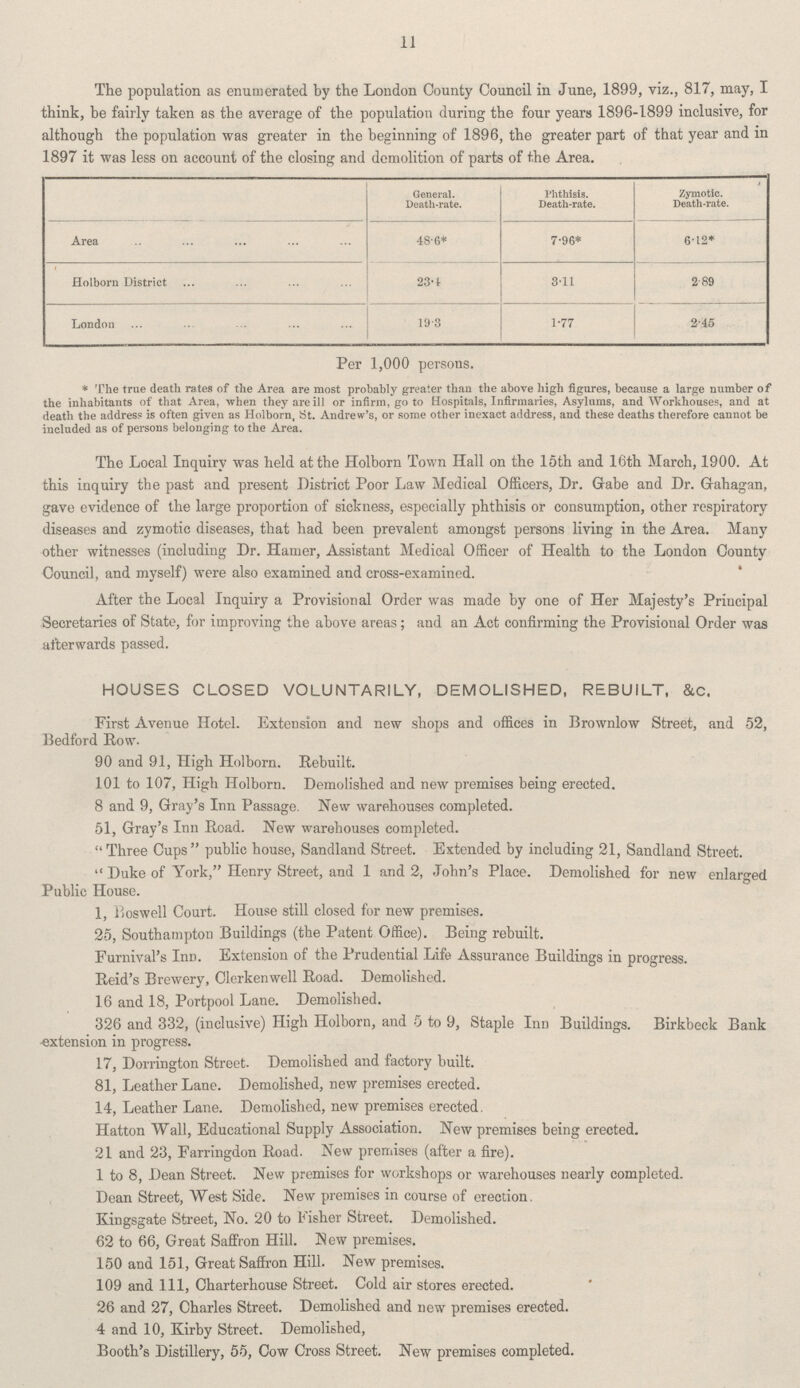 11 The population as enumerated by the London County Council in June, 1899, viz., 817, may, I think, be fairly taken as the average of the population during the four years 1896-1899 inclusive, for although the population was greater in the beginning of 1896, the greater part of that year and in 1897 it was less on account of the closing and demolition of parts of the Area. General. Death-rate. Phthisis. Death-rate. ic. Death-rate. Area 48•6 7•96 6•12 Holborn District 23•4 3•11 2•89 London 19•3 1•77 2•45 Per 1,000 persons. * The true death rates of the Area are most probably greater than the above high figures, because a large number of the inhabitants of that Area, when they are ill or infirm, go to Hospitals, Infirmaries, Asylums, and Workhouses, and at death the address is often given as Holborn, St. Andrew's, or some other inexact address, and these deaths therefore cannot be included as of persons belonging to the Area. The Local Inquiry was held at the Holborn Town Hall on the 15th and 16th March, 1900. At this inquiry the past and present District Poor Law Medical Officers, Dr. Gabe and Dr. Gahagan, gave evidence of the large proportion of sickness, especially phthisis or consumption, other respiratory diseases and zymotic diseases, that had been prevalent amongst persons living in the Area. Many other witnesses (including Dr. Hamer, Assistant Medical Officer of Health to the London County Council, and myself) were also examined and cross-examined. After the Local Inquiry a Provisional Order was made by one of Her Majesty's Principal Secretaries of State, for improving the above areas; and an Act confirming the Provisional Order was afterwards passed. HOUSES CLOSED VOLUNTARILY, DEMOLISHED, REBUILT, &c. First Avenue Hotel. Extension and new shops and offices in Brownlow Street, and 52, Bedford Row. 90 and 91, High Holborn. Rebuilt. 101 to 107, High Holborn. Demolished and new premises being erected. 8 and 9, Gray's Inn Passage. New warehouses completed. 51, Gray's Inn Road. New warehouses completed. Three Cups public house, Sandland Street. Extended by including 21, Sandland Street. Duke of York, Henry Street, and 1 and 2, John's Place. Demolished for new enlarged Public House. 1, Boswell Court. House still closed for new premises. 25, Southampton Buildings (the Patent Office). Being rebuilt. Furnival's Inn. Extension of the Prudential Life Assurance Buildings in progress. Reid's Brewery, Clerkenwell Road. Demolished. 16 and 18, Portpool Lane. Demolished. 326 and 332, (inclusive) High Holborn, and 5 to 9, Staple Inn Buildings. Birkbeck Bank extension in progress. 17, Dorrington Street. Demolished and factory built. 81, Leather Lane. Demolished, new premises erected. 14, Leather Lane. Demolished, new premises erected. Hatton Wall, Educational Supply Association. New premises being erected. 21 and 23, Farringdon Road. New premises (after a fire). 1 to 8, Dean Street. New premises for workshops or warehouses nearly completed. Dean Street, West Side. New premises in course of erection. Kingsgate Street, No. 20 to Fisher Street. Demolished. 62 to 66, Great Saffron Hill. New premises. 150 and 151, Great Saffron Hill. New premises. 109 and 111, Charterhouse Street. Cold air stores erected. 26 and 27, Charles Street. Demolished and new premises erected. 4 and 10, Kirby Street. Demolished, Booth's Distillery, 55, Cow Cross Street. New premises completed.