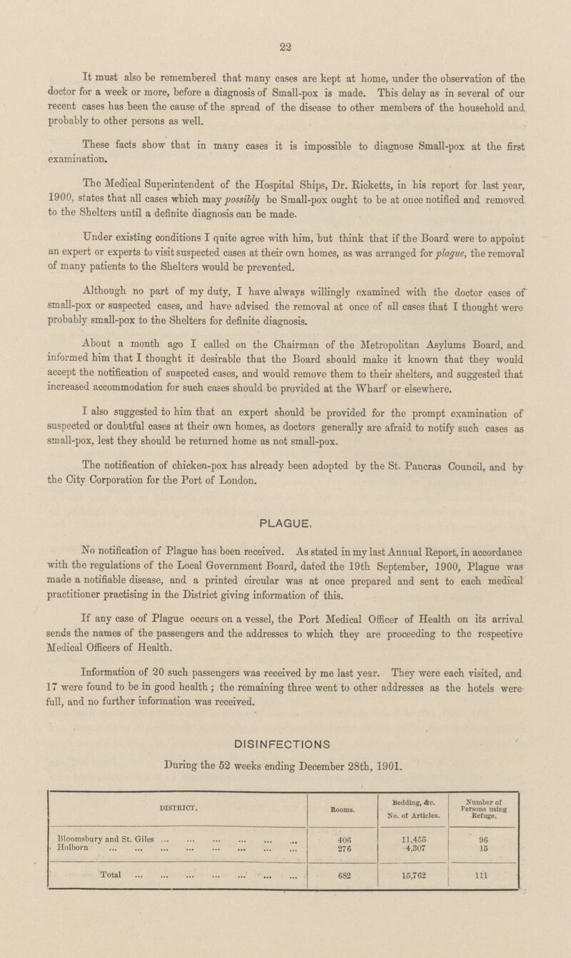 22 It must also be remembered that many cases are kept at home, under the observation of the doctor for a week or more, before a diagnosis of Small-pox is made. This delay as in several of our recent cases has been the cause of the spread of the disease to other members of the household and probably to other persons as well. These facts show that in many cases it is impossible to diagnose Small-pox at the first examination. The Medical Superintendent of the Hospital Ships, Dr. Ricketts, in his report for last year, 1900, states that all cases which may possibly be Small-pox ought to be at once notified and removed to the Shelters until a definite diagnosis can be made. Under existing conditions I quite agree with him, but think that if the Board were to appoint an expert or experts to visit suspected cases at their own homes, as was arranged for plague, the removal of many patients to the Shelters would be prevented. Although no part of my duty, I have always willingly examined with the doctor cases of small-pox or suspected cases, and have advised the removal at once of all cases that I thought were probably small-pox to the Shelters for definite diagnosis. About a month ago I called on the Chairman of the Metropolitan Asylums Board, and informed him that I thought it desirable that the Board should make it known that they would accept the notification of suspected cases, and would remove them to their shelters, and suggested that increased accommodation for such cases should be provided at the Wharf or elsewhere. I also suggested to him that an expert should be provided for the prompt examination of suspected or doubtful cases at their own homes, as doctors generally are afraid to notify such cases as small-pox, lest they should be returned home as not small-pox. The notification of chicken-pox has already been adopted by the St. Pancras Council, and by the City Corporation for the Port of London. PLAGUE. No notification of Plague has been received. As stated in my last Annual Report, in accordance with the regulations of the Local Government Board, dated the 19th September, 1900, Plague was made a notifiable disease, and a printed circular was at once prepared and sent to each medical practitioner practising in the District giving information of this. If any case of Plague occurs on a vessel, the Port Medical Officer of Health on its arrival sends the names of the passengers and the addresses to which they are proceeding to the respective Medical Officers of Health. Information of 20 such passengers was received by me last year. They were each visited, and 17 were found to be in good health ; the remaining three went to other addresses as the hotels were full, and no further information was received. DISINFECTIONS During the 52 weeks ending December 28th, 1901. DISTRICT. Rooms. Bedding, &c. No. of Articles. Number of Persons using Refuge. Bloomsbury and St. Giles 406 11,455 96 Holborn 276 4,307 15 Total 682 15,762 111