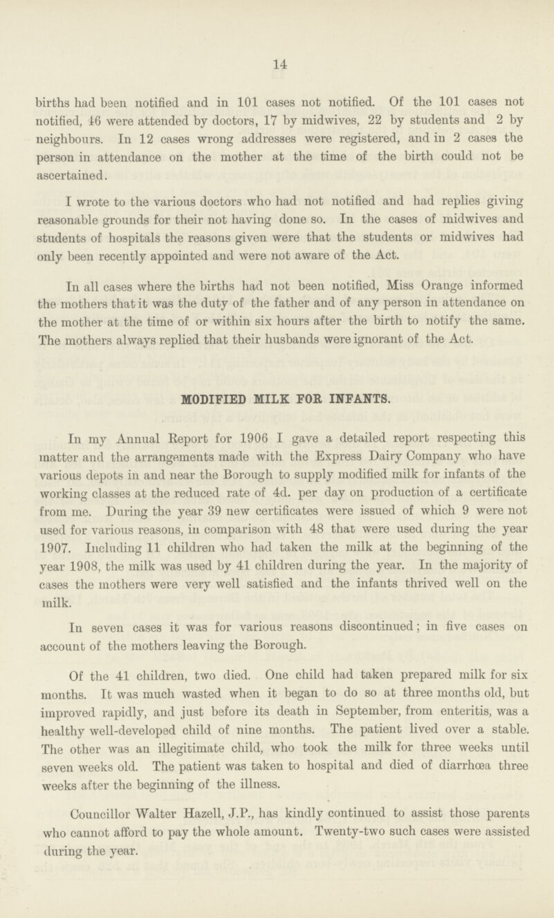 14 births had been notified and in 101 cases not notified. Of the 101 cases not notified, 16 were attended by doctors, 17 by midwives, 22 by students and 2 by neighbours. In 12 cases wrong addresses were registered, and in 2 cases the person in attendance on the mother at the time of the birth could not be ascertained. I wrote to the various doctors who had not notified and had replies giving reasonable grounds for their not having done so. In the cases of midwives and students of hospitals the reasons given were that the students or midwives had only been recently appointed and were not aware of the Act. In all cases where the births had not been notified, Miss Orange informed the mothers that it was the duty of the father and of any person in attendance on the mother at the time of or within six hours after the birth to notify the same. The mothers always replied that their husbands were ignorant of the Act. MODIFIED MILK FOR INFANTS. In my Annual Report for 1906 I gave a detailed report respecting this matter and the arrangements made with the Express Dairy Company who have various depots in and near the Borough to supply modified milk for infants of the working classes at the reduced rate of 4d. per day on production of a certificate from me. During the year 39 new certificates were issued of which 9 were not used for various reasons, in comparison with 48 that were used during the year 1907. Including 11 children who had taken the milk at the beginning of the year 1908, the milk was used by 41 children during the year. In the majority of cases the mothers were very well satisfied and the infants thrived well on the milk. In seven cases it was for various reasons discontinued; in five cases on account of the mothers leaving the Borough. Of the 41 children, two died. One child had taken prepared milk for six months. It was much wasted when it began to do so at three months old, but improved rapidly, and just before its death in September, from enteritis, was a healthy well-developed child of nine months. The patient lived over a stable. The other was an illegitimate child, who took the milk for three weeks until seven weeks old. The patient was taken to hospital and died of diarrhoea three weeks after the beginning of the illness. Councillor Walter Hazell, J.P., has kindly continued to assist those parents who cannot afford to pay the whole amount. Twenty-two such cases were assisted during the year.
