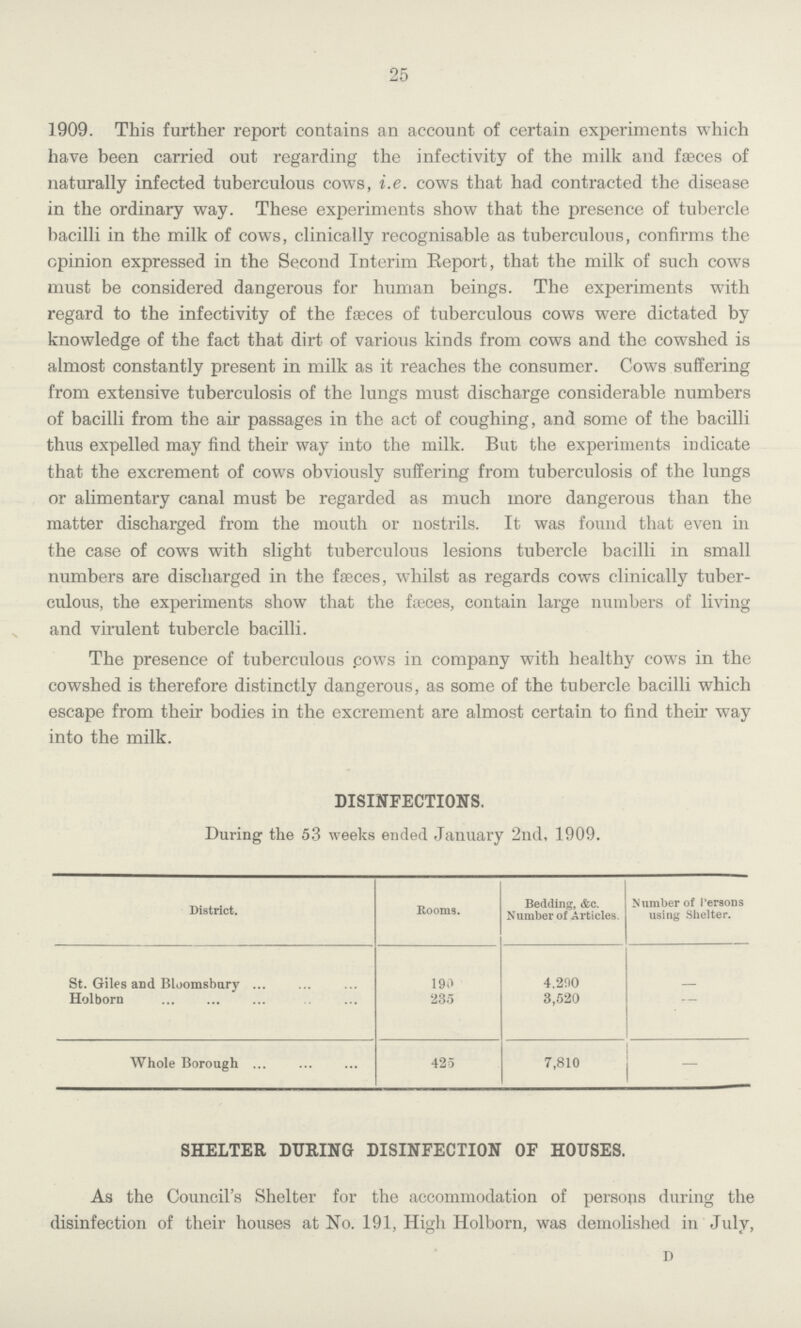 25 1909. This further report contains an account of certain experiments which have been carried out regarding the infectivity of the milk and faeces of naturally infected tuberculous cows, i.e. cows that had contracted the disease in the ordinary way. These experiments show that the presence of tubercle bacilli in the milk of cows, clinically recognisable as tuberculous, confirms the opinion expressed in the Second Interim Report, that the milk of such cows must be considered dangerous for human beings. The experiments with regard to the infectivity of the faeces of tuberculous cows were dictated by knowledge of the fact that dirt of various kinds from cows and the cowshed is almost constantly present in milk as it reaches the consumer. Cows suffering from extensive tuberculosis of the lungs must discharge considerable numbers of bacilli from the air passages in the act of coughing, and some of the bacilli thus expelled may find their way into the milk. But the experiments indicate that the excrement of cows obviously suffering from tuberculosis of the lungs or alimentary canal must be regarded as much more dangerous than the matter discharged from the mouth or nostrils. It was found that even in the case of cows with slight tuberculous lesions tubercle bacilli in small numbers are discharged in the faeces, whilst as regards cows clinically tuber culous, the experiments show that the faeces, contain large numbers of living and virulent tubercle bacilli. The presence of tuberculous cows in company with healthy cows in the cowshed is therefore distinctly dangerous, as some of the tubercle bacilli which escape from their bodies in the excrement are almost certain to find their way into the milk. DISINFECTIONS. During the 53 weeks ended January 2nd, 1909. District. Rooms. Bedding, &c. Number of Articles. Number of Persons using Shelter. St. Giles and Bloomsbury 190 4.290 - Holborn 235 3,520 - Whole Borough 425 7,810 — SHELTER DURING DISINFECTION OF HOUSES. As the Council's Shelter for the accommodation of persons during the disinfection of their houses at No. 191, High Holborn, was demolished in July, D