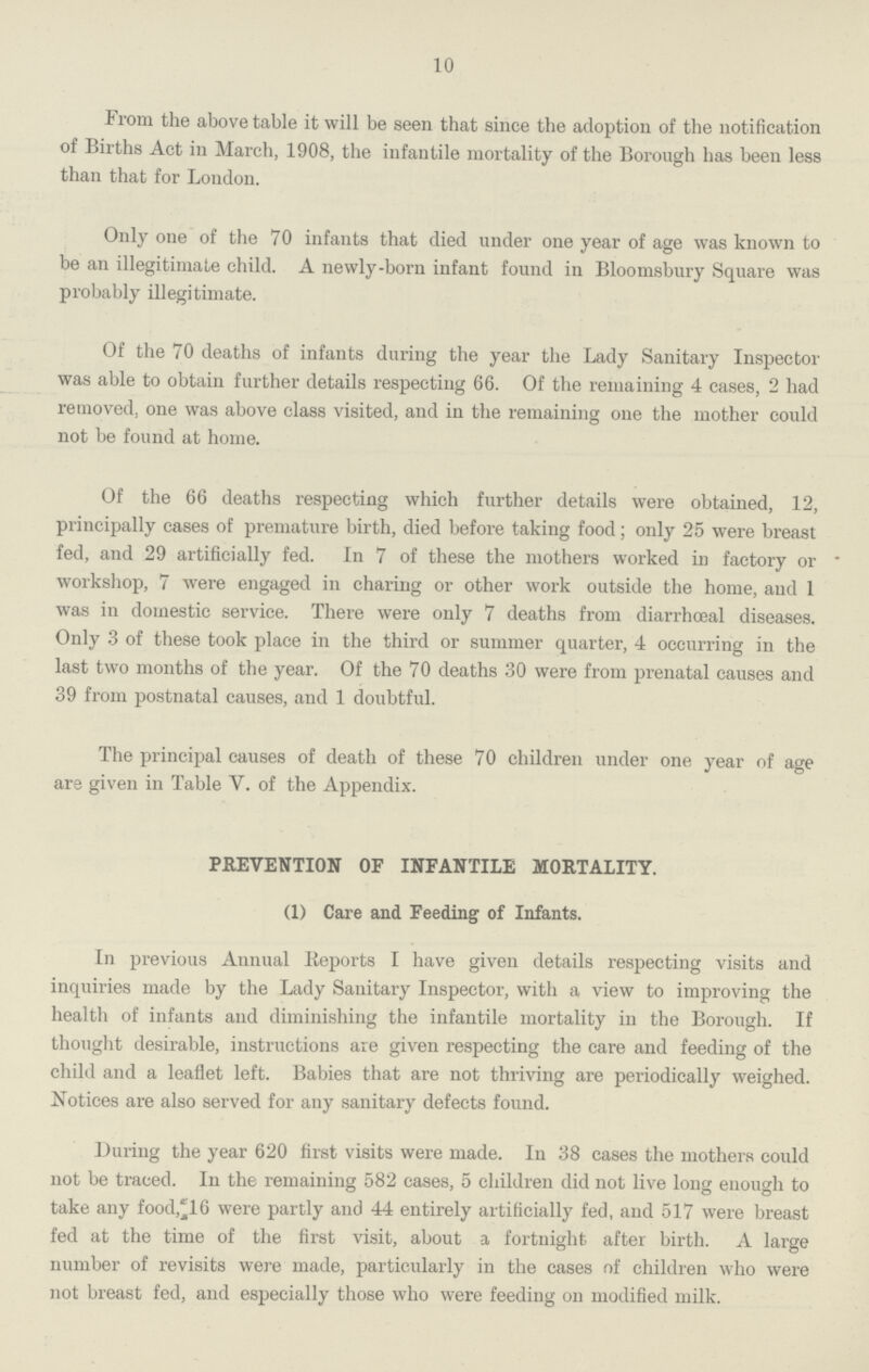 10 From the above table it will be seen that since the adoption of the notification of Births Act in March, 1908, the infantile mortality of the Borough has been less than that for London. Only one of the 70 infants that died under one year of age was known to be an illegitimate child. A newly-born infant found in Bloomsbury Square was probably illegitimate. Of the 70 deaths of infants during the year the Lady Sanitary Inspector was able to obtain further details respecting 66. Of the remaining 4 cases, 2 had removed, one was above class visited, and in the remaining one the mother could not be found at home. Of the 66 deaths respecting which further details were obtained, 12, principally cases of premature birth, died before taking food; only 25 were breast fed, and 29 artificially fed. In 7 of these the mothers worked in factory or * workshop, 7 were engaged in charing or other work outside the home, and 1 was in domestic service. There were only 7 deaths from diarrhceal diseases. Only 3 of these took place in the third or summer quarter, 4 occurring in the last two months of the year. Of the 70 deaths 30 were from prenatal causes and 39 from postnatal causes, and 1 doubtful. The principal causes of death of these 70 children under one year of age are given in Table V. of the Appendix. PREVENTION OF INFANTILE MORTALITY. (1) Care and Feeding of Infants. In previous Annual Reports I have given details respecting visits and inquiries made by the Lady Sanitary Inspector, with a view to improving the health of infants and diminishing the infantile mortality in the Borough. If thought desirable, instructions are given respecting the care and feeding of the child and a leaflet left. Babies that are not thriving are periodically weighed. Notices are also served for any sanitary defects found. During the year 620 first visits were made. In 38 cases the mothers could not be traced. In the remaining 582 cases, 5 children did not live long enough to take any food, 16 were partly and 44 entirely artificially fed, and 517 were breast fed at the time of the first visit, about a fortnight after birth. A large number of revisits were made, particularly in the cases of children who were not breast fed, and especially those who were feeding on modified milk.