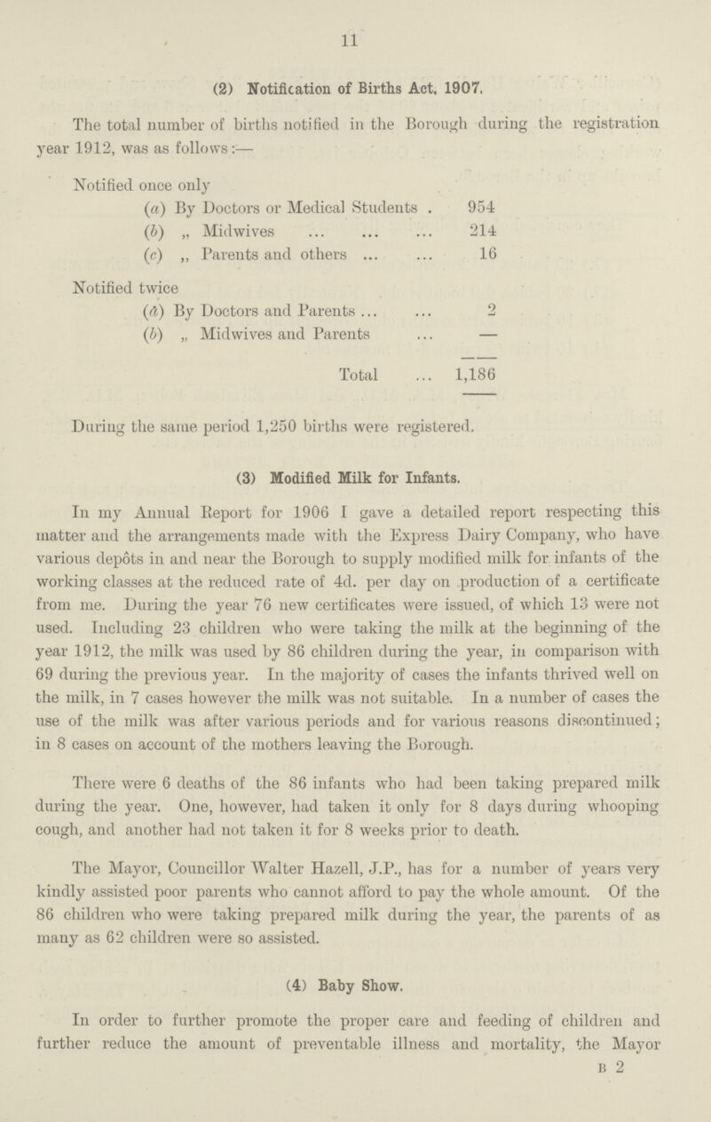 11 (2) Notification of Births Act, 1907, The total number of births notified in the Borough during the registration year 1912, was as follows:— Notified once only (a) By Doctors or Medical Students 954 (b) „ Midwives 214 (c) „ Parents and others 16 Notified twice (a) By Doctors and Parents 2 (b) „ Midwives and Parents — Total 1,186 During the same period 1,250 births were registered, (3) Modified Milk for Infants. In my Annual Report for 1906 I gave a detailed report respecting this matter and the arrangements made with the Express Dairy Company, who have various depots in and near the Borough to supply modified milk for infants of the working classes at the reduced rate of 4d. per day on production of a certificate from me. During the year 76 new certificates were issued, of which 13 were not used. Including 23 children who were taking the milk at the beginning of the year 1912, the milk was used by 86 children during the year, in comparison with 69 during the previous year. In the majority of cases the infants thrived well on the milk, in 7 cases however the milk was not suitable. In a number of cases the use of the milk was after various periods and for various reasons discontinued; in 8 cases on account of the mothers leaving the Borough. There were 6 deaths of the 86 infants who had been taking prepared milk during the year. One, however, had taken it only for 8 days during whooping cough, and another had not taken it for 8 weeks prior to death. The Mayor, Councillor Walter Hazell, J.P., has for a number of years very kindly assisted poor parents who cannot afford to pay the whole amount. Of the 86 children who were taking prepared milk during the year, the parents of as many as 62 children were so assisted. (4) Baby Show. In order to further promote the proper care and feeding of children and further reduce the amount of preventable illness and mortality, the Mayor B 2