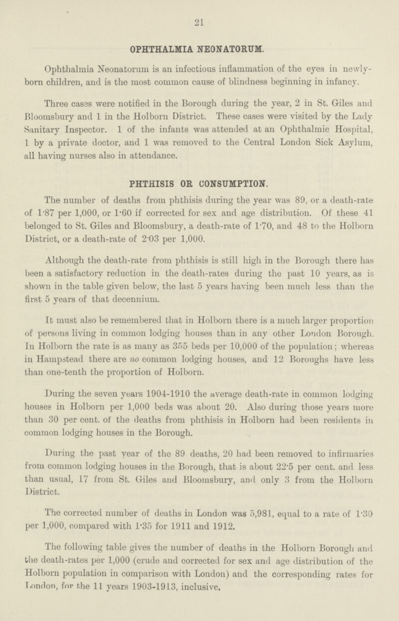 21 OPHTHALMIA NEONATORUM. Ophthalmia Neonatorum is an infectious inflammation of the eyes in newly born children, and is the most common cause of blindness beginning in infancy. Three cases were notified in the Borough during the year, 2 in St. Giles and Bloomsbury and 1 in the Holborn District. These cases were visited by the Lady Sanitary Inspector. 1 of the infants was attended at an Ophthalmic Hospital, 1 by a private doctor, and 1 was removed to the Central London Sick Asylum, all having nurses also in attendance. PHTHISIS OR CONSUMPTION. The number of deaths from phthisis during the year was 89, or a death-rate of 1.87 per 1,000, or 1.60 if corrected for sex and age distribution. Of these 41 belonged to St. Giles and Bloomsbury, a death-rate of 1.70, and 48 to the Holborn District, or a death-rate of 2.03 per 1,000. Although the death-rate from phthisis is still high in the Borough there has been a satisfactory reduction in the death-rates during the past 10 years, as is shown in the table given below, the last 5 years having been much less than the first 5 years of that decennium. It must also be remembered that in Holborn there is a much larger proportion of persons living in common lodging houses than in any other Loudon Borough. In Holborn the rate is as many as 355 beds per 10,000 of the population; whereas in Hampstead there are no common lodging houses, and 12 Boroughs have less than one-tenth the proportion of Holborn. During the seven years 1904-1910 the average death-rate in common lodging houses in Holborn per 1,000 beds was about 20. Also during those years more than 30 per cent. of the deaths from phthisis in Holborn had been residents in common lodging houses in the Borough. During the past year of the 89 deaths, 20 had been removed to infirmaries from common lodging houses in the Borough, that is about 22.5 per cent. and less than usual, 17 from St. Giles and Bloomsbury, and only 3 from the Holborn District. The corrected number of deaths in London was 5,981, equal to a rate of 1.30 per 1,000, compared with 1.35 for 1911 and 1912. The following table gives the number of deaths in the Holborn Borough and the death-rates per 1,000 (crude and corrected for sex and age distribution of the Holborn population in comparison with London) and the corresponding rates for London, for the 11 years 1903-1913, inclusive.