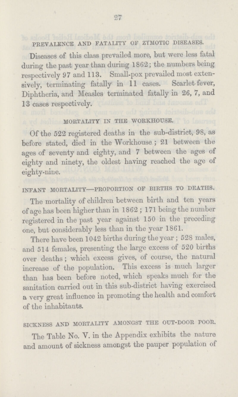 27 prevalence and fatality of zymotic diseases. Diseases of this class prevailed more, but were less fatal during the past year than during 1862; the numbers being respectively 97 and 113. Small-pox prevailed most exten sively, terminating fatally in 11 cases. Scarlet-fever, Diphtheria, and Measles terminated fatally in 26, 7, and 13 cases respectively. mortality in the workhouse. Of the 522 registered deaths in the sub-district, 98, as before stated, died in the Workhouse; 21 between the ages of seventy and eighty, and 7 between the ages of eighty and ninety, the oldest having reached the age of eighty-nine. infant mortality—proportion of births to deaths. The mortality of children between birth and ten years of age has been higher than in 1862; 171 being the number registered in the past year against 150 in the preceding one, but considerably less than in the year 1861. There have been 1042 births during the year; 528 males, and 514 females, presenting the large excess of 520 births over deaths ; which excess gives, of course, the natural increase of the population. This excess is much larger than has been before noted, which speaks much for the sanitation carried out in this sub-district having exercised a very great influence in promoting the health and comfort of the inhabitants. sickness and mortality amongst the out-door poor. The Table No. V. in the Appendix exhibits the nature and amount of sickness amongst the pauper population of