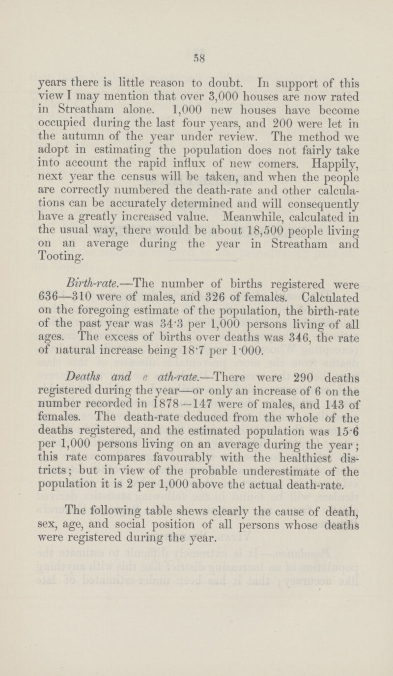 58 years there is little reason to doubt. In support of this view I may mention that over 3,000 houses are now rated in Streatham alone. 1,000 new houses have become occupied during the last four years, and 200 were let in the autumn of the year under review. The method we adopt in estimating the population does not fairly take into account the rapid influx of new comers. Happily, next year the census will be taken, and when the people are correctly numbered the death-rate and other calcula tions can be accurately determined and will consequently have a greatly increased value. Meanwhile, calculated in the usual way, there would be about 18,500 people living on an average during the year in Streatham and Tooting. Birth-rate.—The number of births registered were 636—310 were of males, arid 326 of females. Calculated on the foregoing estimate of the population, the birth-rate of the past year was 34.3 per 1,000 persons living of all ages. The excess of births over deaths was 346, the rate of natural increase being 18.7 per 1.000. Deaths and e ath-rate.—There were 290 deaths registered during the year—or only an increase of 6 on the number recorded in 1878 —147 were of males, and 143 of females. The death-rate deduced from the whole of the deaths registered, and the estimated population was 15.6 per 1,000 persons living on an average during the year; this rate compares favourably with the healthiest dis tricts; but in view of the probable underestimate of the population it is 2 per 1,000 above the actual death-rate. The following table shews clearly the cause of death, sex, age, and social position of all persons whose deaths were registered during the year.