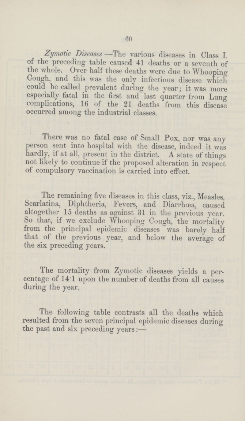 60 Zymotic Diseases —The various diseases in Class I. of the preceding table caused 41 deaths or a seventh of the whole. Over half these deaths were due to Whooping Cough, and this was the only infectious disease which could be called prevalent during the year; it was more especially fatal in the first and last quarter from Lung complications, 16 of the 21 deaths from this disease occurred among the industrial classes. There was no fatal case of Small Pox, nor was any person sent into hospital with the disease, indeed it was hardly, if at all, present in the district. A state of things not likely to continue if the proposed alteration in respect of compulsory vaccination is carried into effect. The remaining five diseases in this class, viz., Measles, Scarlatina, Diphtheria, Fevers, and Diarrhoea, caused altogether 15 deaths as against 31 in the previous year. So that, if we exclude Whooping Cough, the mortality from the principal epidemic diseases was barely half that of the previous year, and below the average of the six preceding years. The mortality from Zymotic diseases yields a per centage of 141 upon the number of deaths from all causes during the year. The following table contrasts all the deaths which resulted from the seven principal epidemic diseases during the past and six preceding years:—