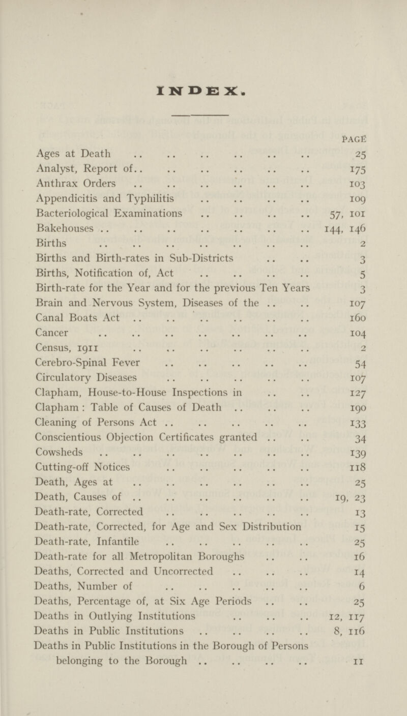 INDEX. page Ages at Death 25 Analyst, Report of 175 Anthrax Orders 103 Appendicitis and Typhilitis 109 Bacteriological Examinations 57, 101 Bakehouses 144, 146 Births 2 Births and Birth-rates in Sub-Districts 3 Births, Notification of, Act 5 Birth-rate for the Year and for the previous Ten Years 3 Brain and Nervous System, Diseases of the 107 Canal Boats Act 160 Cancer 104 Census, 1911 2 Cerebro-Spinal Fever 54 Circulatory Diseases 107 Clapham, House-to-House Inspections in 127 Clapham: Table of Causes of Death 190 Cleaning of Persons Act 133 Conscientious Objection Certificates granted 34 Cowsheds 139 Cutting-off Notices 118 Death, Ages at 25 Death, Causes of 19, 23 Death-rate, Corrected 13 Death-rate, Corrected, for Age and Sex Distribution 15 Death-rate, Infantile 25 Death-rate for all Metropolitan Boroughs 16 Deaths, Corrected and Uncorrected 14 Deaths, Number of 6 Deaths, Percentage of, at Six Age Periods 25 Deaths in Outlying Institutions 12, 117 Deaths in Public Institutions 8, 116 Deaths in Public Institutions in the Borough of Persons belonging to the Borough 11