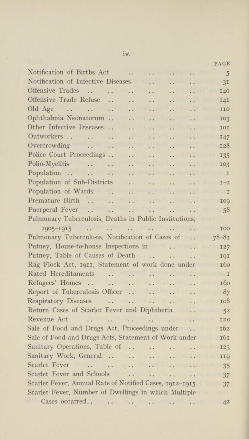 iv. PAGE Notification of Births Act 5 Notification of Infective Diseases 31 Offensive Trades 140 Offensive Trade Refuse 141 Old Age no Ophthalmia Neonatorum 103 Other Infective Diseases 101 Outworkers 147 Overcrowding 128 Police Court Proceedings 135 Polio-Myelitis 103 Population 1 Population of Sub-Districts 1-2 Population of Wards 1 Premature Birth 109 Puerperal Fever 58 Pulmonary Tuberculosis, Deaths in Public Institutions, 1905-1915 100 Pulmonary Tuberculosis, Notification of Cases of 78-81 Putney, House-to-house Inspections in 127 Putney, Table of Causes of Death 191 Rag Flock Act, 1911, Statement of work done under 160 Rated Hereditaments 1 Refugees' Homes 160 Report of Tuberculosis Officer 87 Respiratory Diseases 108 Return Cases of Scarlet Fever and Diphtheria 52 Revenue Act 120 Sale of Food and Drugs Act, Proceedings under 162 Sale of Food and Drugs Acts, Statement of Work under 161 Sanitary Operations, Table of 123 Sanitary Work, General 119 Scarlet Fever 35 Scarlet Fever and Schools 37 Scarlet Fever, Annual Rate of Notified Cases, 1912-1915 37 Scarlet Fever, Number of Dwellings in which Multiple Cases occurred 42