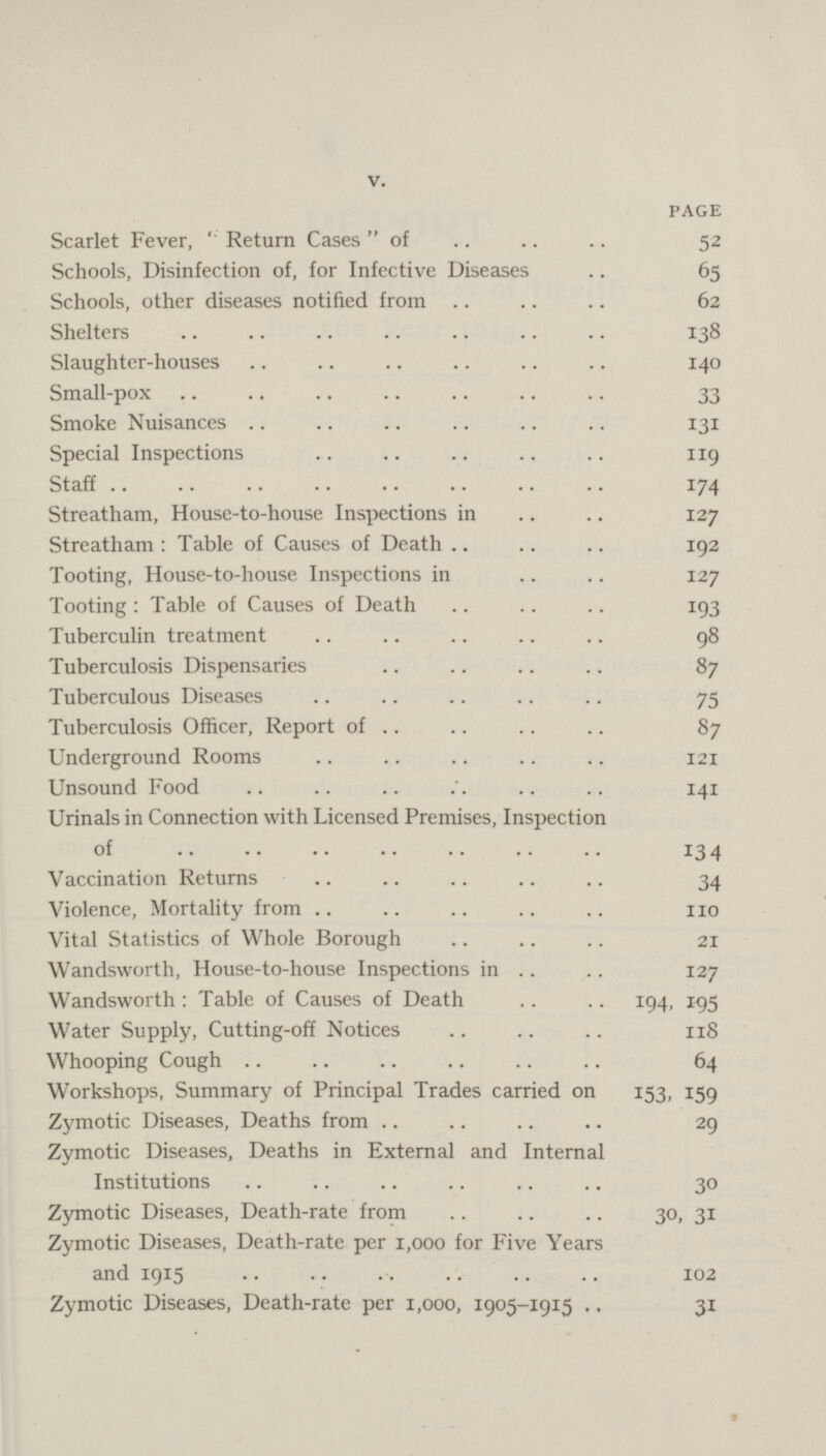V. PAGE Scarlet Fever, ''Return Cases of 52 Schools, Disinfection of, for Infective Diseases 65 Schools, other diseases notified from 62 Shelters 138 Slaughter-houses 140 Small-pox 33 Smoke Nuisances 131 Special Inspections 119 Staff 174 Streatham, House-to-house Inspections in 127 Streatham: Table of Causes of Death 192 Tooting, House-to-house Inspections in 127 Tooting : Table of Causes of Death 193 Tuberculin treatment 98 Tuberculosis Dispensaries 87 Tuberculous Diseases 75 Tuberculosis Officer, Report of 87 Underground Rooms 121 Unsound Food 141 Urinals in Connection with Licensed Premises, Inspection of 13 4 Vaccination Returns 34 Violence, Mortality from no Vital Statistics of Whole Borough 21 Wandsworth, House-to-house Inspections in 127 Wandsworth : Table of Causes of Death 194, 195 Water Supply, Cutting-off Notices 118 Whooping Cough 64 Workshops, Summary of Principal Trades carried on 153, 159 Zymotic Diseases, Deaths from 29 Zymotic Diseases, Deaths in External and Internal Institutions 30 Zymotic Diseases, Death-rate from 30, 31 Zymotic Diseases, Death-rate per 1,000 for Five Years and 1915 102 Zymotic Diseases, Death-rate per 1,000, 1905-1915 31