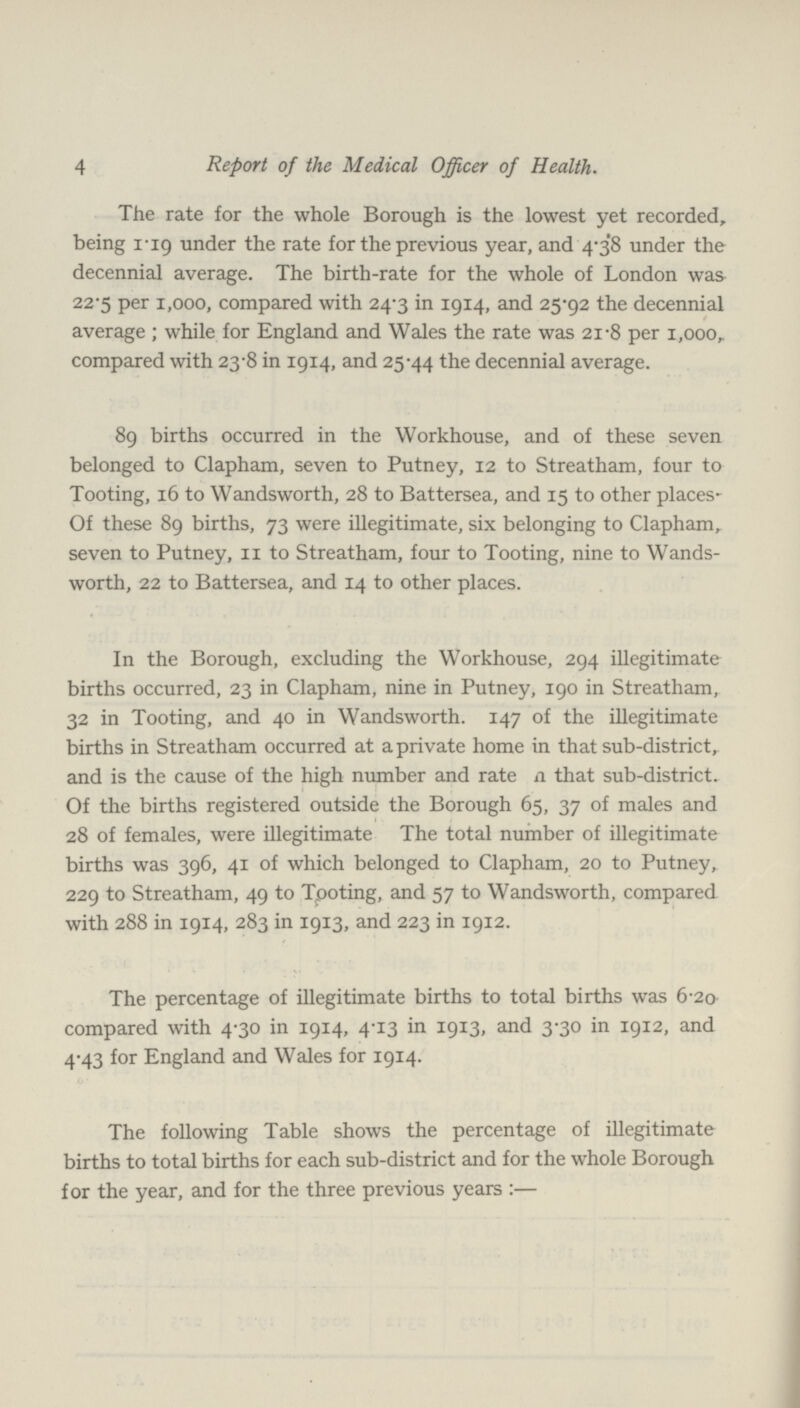 4 Report of the Medical Officer of Health. The rate for the whole Borough is the lowest yet recorded, being 1.19 under the rate for the previous year, and 4.38 under the decennial average. The birth-rate for the whole of London was 22.5 per 1,000, compared with 24.3 in 1914, and 25.92 the decennial average ; while for England and Wales the rate was 21.8 per 1,000,. compared with 23.8 in 1914, and 25.44 the decennial average. 89 births occurred in the Workhouse, and of these seven belonged to Clapham, seven to Putney, 12 to Streatham, four to Tooting, 16 to Wandsworth, 28 to Battersea, and 15 to other places Of these 89 births, 73 were illegitimate, six belonging to Clapham, seven to Putney, 11 to Streatham, four to Tooting, nine to Wands worth, 22 to Battersea, and 14 to other places. In the Borough, excluding the Workhouse, 294 illegitimate births occurred, 23 in Clapham, nine in Putney, 190 in Streatham, 32 in Tooting, and 40 in Wandsworth. 147 of the illegitimate births in Streatham occurred at a private home in that sub-district, and is the cause of the high number and rate n that sub-district. Of the births registered outside the Borough 65, 37 of males and 28 of females, were illegitimate The total number of illegitimate births was 396, 41 of which belonged to Clapham, 20 to Putney, 229 to Streatham, 49 to Tooting, and 57 to Wandsworth, compared with 288 in 1914, 283 in 1913, and 223 in 1912. The percentage of illegitimate births to total births was 6-20 compared with 4.30 in 1914, 4.13 in 1913, and 3.30 in 1912, and 4.43 for England and Wales for 1914. The following Table shows the percentage of illegitimate births to total births for each sub-district and for the whole Borough for the year, and for the three previous years:—