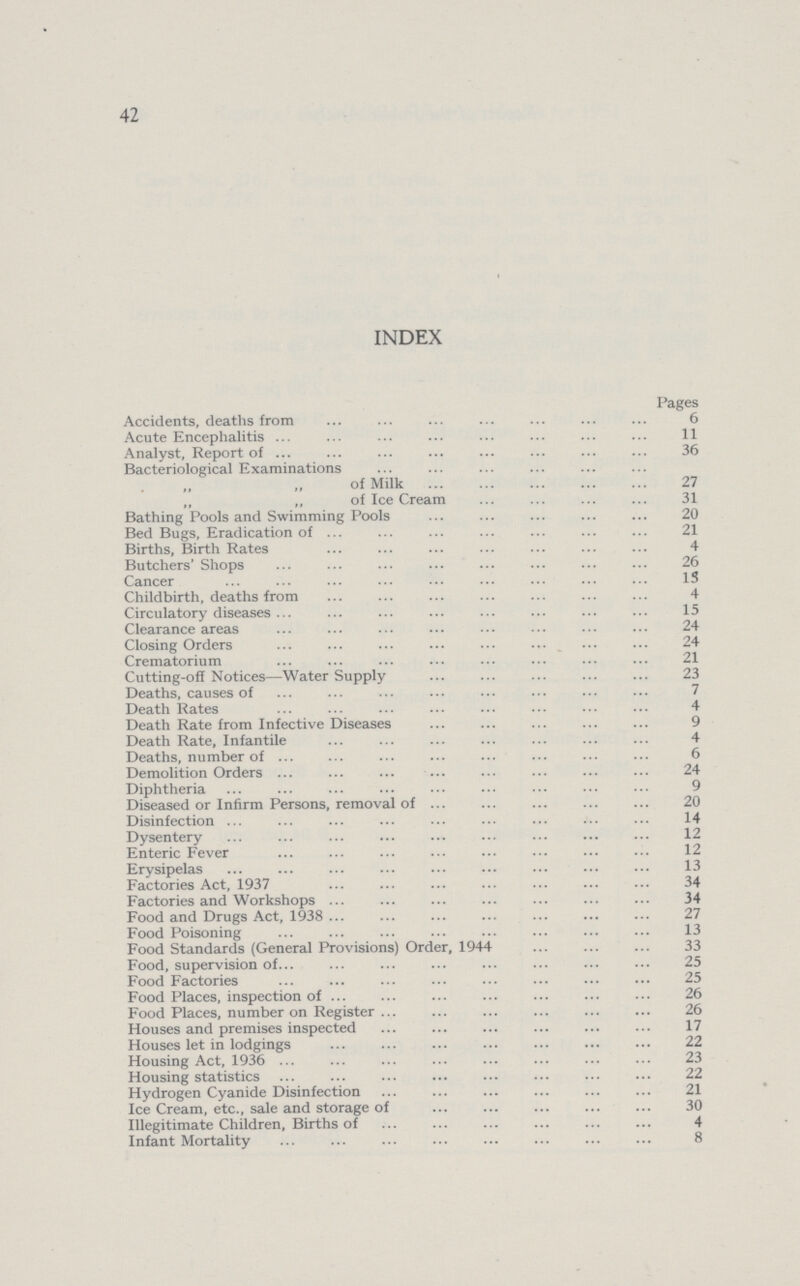 42 INDEX Pages Accidents, deaths from 6 Acute Encephalitis 11 Analyst, Report of 36 Bacteriological Examinations of Milk 27 „ „ of Ice Cream 31 Bathing Pools and Swimming Pools 20 Bed Bugs, Eradication of 21 Births, Birth Rates 4 Butchers' Shops 26 Cancer 13 Childbirth, deaths from 4 Circulatory diseases 15 Clearance areas 24 Closing Orders 24 Crematorium 21 Cutting-off Notices—Water Supply23 Deaths, causes of 7 Death Rates 4 Death Rate from Infective Diseases 9 Death Rate, Infantile 4 Deaths, number of 6 Demolition Orders 24 Diphtheria 9 Diseased or Infirm Persons, removal of 20 Disinfection 14 Dysentery 12 Enteric Fever12 Erysipelas 13 Factories Act, 1937 34 Factories and Workshops 34 Food and Drugs Act, 1938 27 Food Poisoning 13 Food Standards (General Provisions) Order, 1944 33 Food, supervision of25 Food Factories 25 Food Places, inspection of 26 Food Places, number on Register 26 Houses and premises inspected 17 Houses let in lodgings 22 Housing Act, 1936 23 Housing statistics 22 Hydrogen Cyanide Disinfection 21 Ice Cream, etc., sale and storage of30 Illegitimate Children, Births of 4 Infant Mortality 8