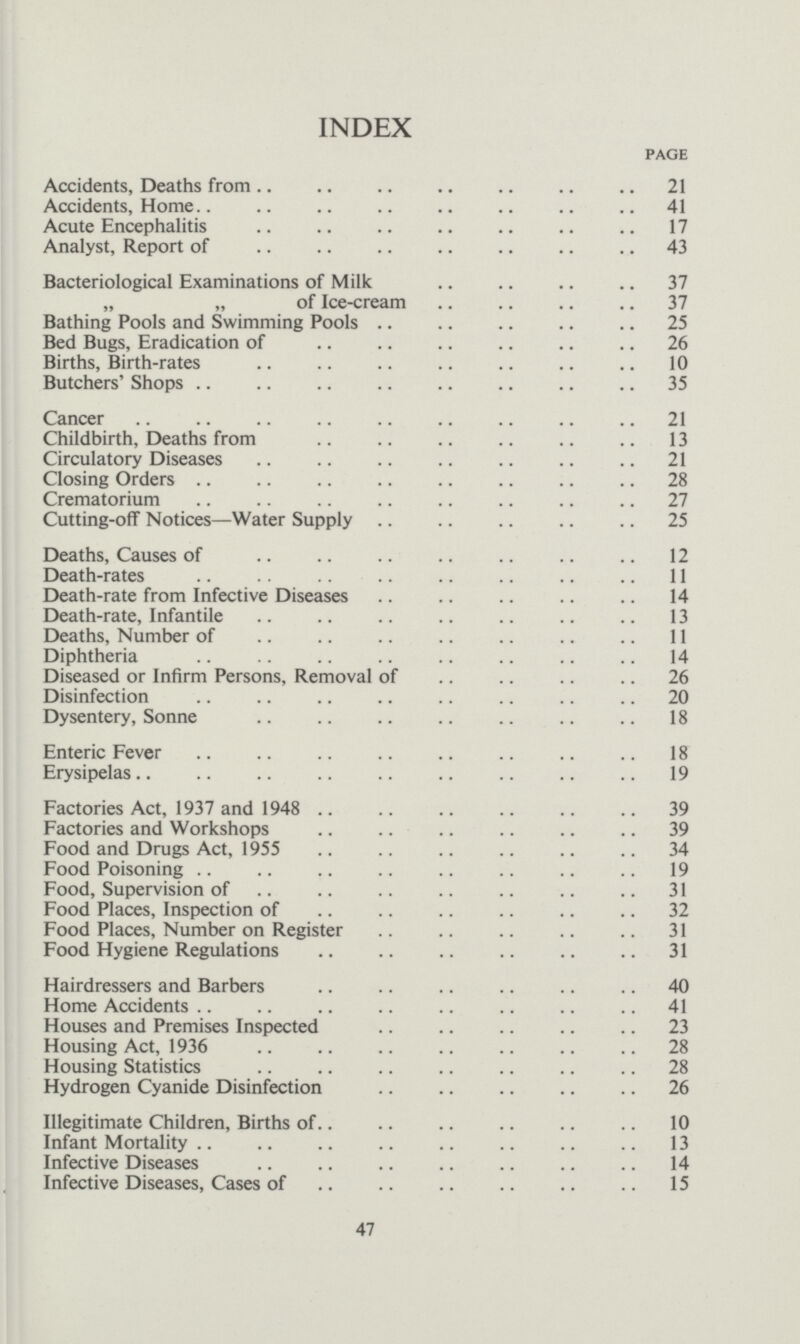47 INDEX PAGE Accidents, Deaths from 21 Accidents, Home 41 Acute Encephalitis 17 Analyst, Report of 43 Bacteriological Examinations of Milk 37 „ „ of Ice-cream 37 Bathing Pools and Swimming Pools 25 Bed Bugs, Eradication of 26 Births, Birth-rates 10 Butchers' Shops 35 Cancer 21 Childbirth, Deaths from 13 Circulatory Diseases 21 Closing Orders 28 Crematorium 27 Cutting-off Notices—Water Supply 25 Deaths, Causes of 12 Death-rates 11 Death-rate from Infective Diseases 14 Death-rate, Infantile 13 Deaths, Number of 11 Diphtheria 14 Diseased or Infirm Persons, Removal of 26 Disinfection 20 Dysentery, Sonne 18 Enteric Fever 18 Erysipelas 19 Factories Act, 1937 and 1948 39 Factories and Workshops 39 Food and Drugs Act, 1955 34 Food Poisoning 19 Food, Supervision of 31 Food Places, Inspection of 32 Food Places, Number on Register 31 Food Hygiene Regulations 31 Hairdressers and Barbers 40 Home Accidents 41 Houses and Premises Inspected 23 Housing Act, 1936 28 Housing Statistics 28 Hydrogen Cyanide Disinfection 26 Illegitimate Children, Births of 10 Infant Mortality 13 Infective Diseases 14 Infective Diseases, Cases of 15