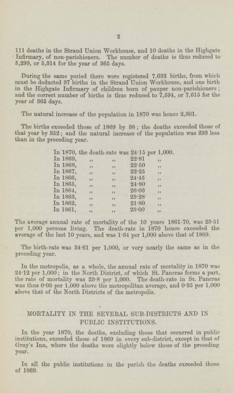 2 111 deaths in the Strand Union Workhouse, and 10 deaths in the Highgate Infirmary, of non-parishioners. The number of deaths is thus reduced to 5,299, or 5,814 for the year of 365 days. During the same period there were registered 7,632 births, from which must be deducted 37 births in the Strand Union Workhouse, and one birth in the Highgate Infirmary of children born of pauper non-parishioners; and the correct number of births is thus reduced to 7,594, or 7,615 for the year of 365 days. The natural increase of the population in 1870 was hence 2,301. The births exceeded those of 1869 by 38; the deaths exceeded those of that year by 352; and the natural increase of the population was 293 less than in the preceding year. In 1870, the death-rate was 24.15 per 1,000. In 1869, ,, „ 22.81 ,, In 1868, „ „ 22.50 ,, In 1867, „ „ 22.25 ,, In 1866, „ „ 24.45 ,, In 1865, „ „ 24.80 ,, In 1864, „ „ 26.03 ,, In 1863, „ „ 23.28 ,, In 1862, „ „ 21.80 ,, In 1861, „ „ 23.00 ,, The average annual rate of mortality of the 10 years 1861-70, was 23.51 per 1,000 persons living. The death-rate in 1870 hence exceeded the average of the last 10 years, and was 1.34 per 1,000 above that of 1869. The birth-rate was 34.61 per 1,000, or very nearly the same as in the preceding year. In the metropolis, as a whole, the annual rate of mortality in 1870 was 24.12 per 1,000; in the North District, of which St. Pancras forms a part, the rate of mortality was 23.8 per 1,000. The death-rate in St. Pancras was thus 0.03 per 1,000 above the metropolitan average, and 0.35 per 1,000 above that of the North Districts of the metropolis. MORTALITY IN THE SEVERAL SUB-DISTRICTS AND IN PUBLIC INSTITUTIONS. In the year 1870, the deaths, excluding those that occurred in public institutions, exceeded those of 1869 in every sub-district, except in that of Gray's Inn, where the deaths were slightly below those of the preceding year. In all the public institutions in the parish the deaths exceeded those of 1869.