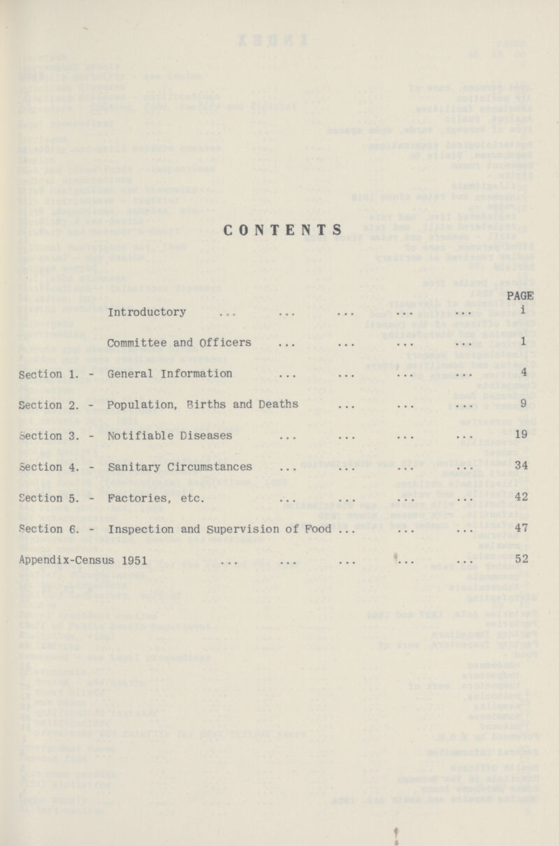 CONTENTS PAGE Introductory i Committee and Officers 1 Section 1. - General Information 4 Section 2. - Population, Births and Deaths 9 Section 3. - Notifiable Diseases 19 Section 4. - Sanitary Circumstances 34 Section 5. - Factories, etc. 42 Section 6. - Inspection and supervision of Food 47 Appendix-Census 1951 52