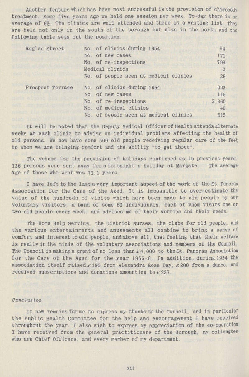 Another feature which has been most successful is the provision of chiropody treatment Some five years ago we held one session per week To-day there is an average of 6^ The clinics are well attended and there is a waiting list. They are held not only in the south of the borough but also in the north and the following table sets out the position. Raglan Street No of clinics during 1954 94 No of new cases 171 No of re-inspections 799 Medical clinics 2 No of people seen at medical clinics 28 Prospect Terrace No of clinics during 1954 223 No of new cases 116 No of re inspections 2,360 No of medical clinics 40 No of people seen at medical clinics 515 It will be noted that the Deputy Medical Officer of Health attends alternate weeks at each clinic to advise on individual problems affecting the health of old persons. We now have some 500 old people receiving regular care of the feet to whom we are bringing comfort and the ability to get about. The scheme for the provision of holidays continued as in previous years 136 persons were sent away for a fortnight's holiday at Margate The average age of those who went was 72.1 years. I have left to the last a very important aspect of the work of the St. Pancras Association for the Care of the Aged It is impossible to over-estimate the value of the hundreds of visits which have been made to old people by our voluntary visitors a band of some 60 individuals, each of whom visits one or two old people every week and advises me of their worries and their needs. The Home Help Service the District Nurses, the clubs for old people, and the various entertainments and amusements all combine to bring a sense of comfort and interest to old people and above all that feeling that their welfare is really in the minds of the voluntary associations and members of the Council The Council is making a grant of no less than £4 000 to the St Pancras Association for the Care of the Aged for the year 1955-6 In addition during 1954 the association itself raised £195 from Alexandra Rose Day, £200 from a dance, and received subscriptions and donations amounting to £237. Conelusion It now remains for me to express my thanks to the Council, and in particular the Public Health Committee for the help and encouragement I have received throughout the year I also wish to express my appreciation of the co operation I have received from the general practitioners of the Borough my colleagues who are Chief Officers and every member of my department. xii