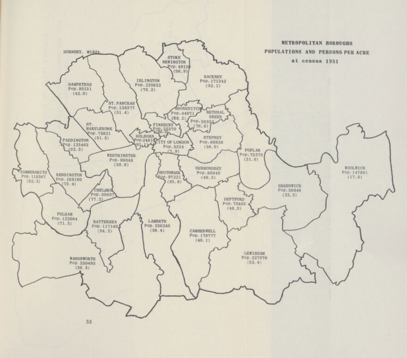 METROPOLITAN BOROUGHS POPULATIONS AND PERSONS PER ACRE at census 1951 53