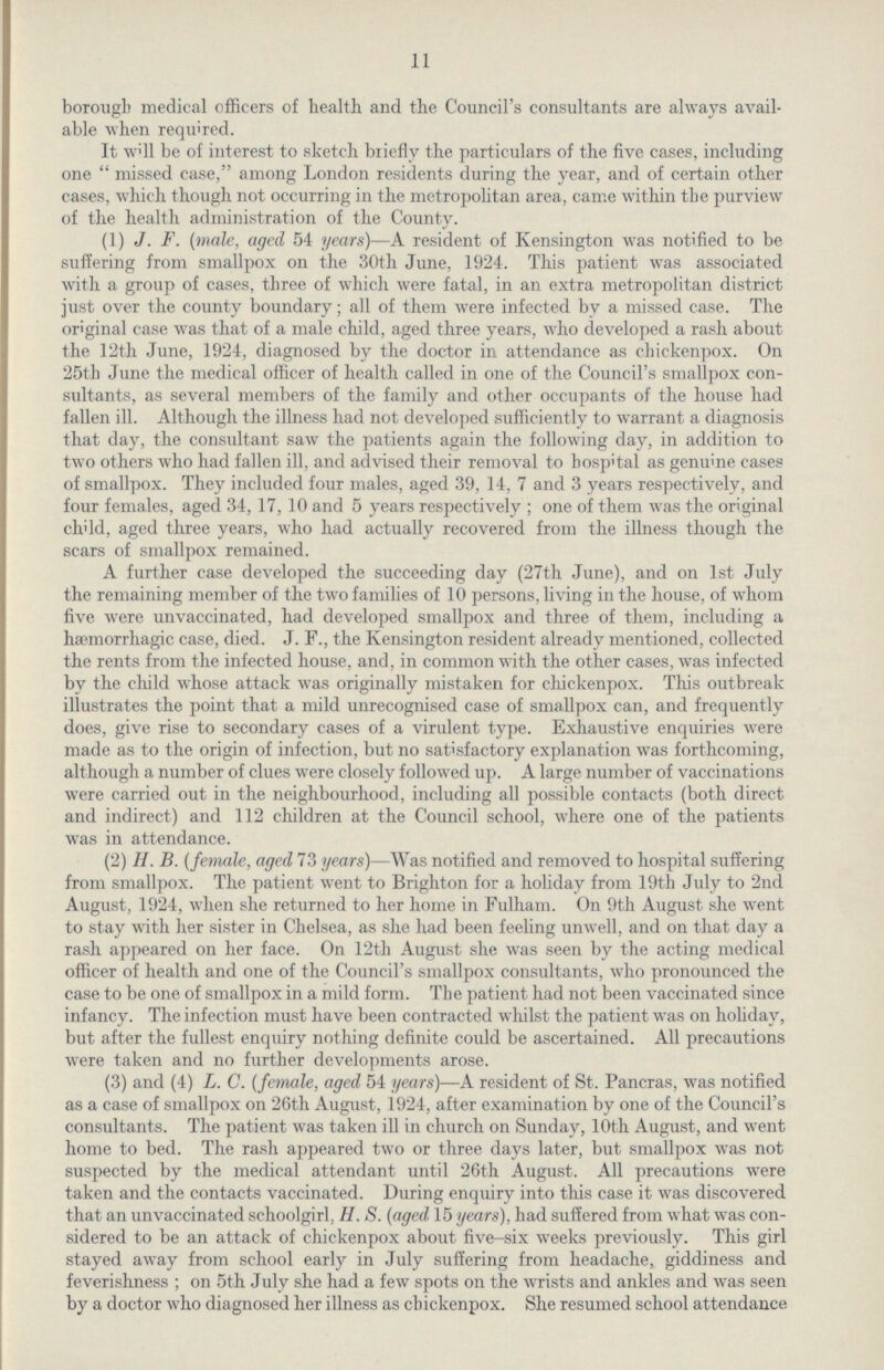 11 borough medical officers of health and the Council's consultants are always avail able when required. It w'll be of interest to sketch briefly the particulars of the five cases, including one  missed case, among London residents during the year, and of certain other cases, which though not occurring in the metropolitan area, came within the purview of the health administration of the County. (1) J. F. (male, aged 54 years)—A resident of Kensington was notified to be suffering from smallpox on the 30th June, 1924. This patient was associated with a group of cases, three of which were fatal, in an extra metropolitan district just over the county boundary; all of them were infected by a missed case. The original case was that of a male child, aged three years, who developed a rash about the 12th June, 1924, diagnosed by the doctor in attendance as chickenpox. On 25th June the medical officer of health called in one of the Council's smallpox con sultants, as several members of the family and other occupants of the house had fallen ill. Although the illness had not developed sufficiently to warrant a diagnosis that day, the consultant saw the patients again the following day, in addition to two others who had fallen ill, and advised their removal to hospital as genuine cases of smallpox. They included four males, aged 39, 14, 7 and 3 years respectively, and four females, aged 34, 17, 10 and 5 years respectively ; one of them was the original child, aged three years, who had actually recovered from the illness though the scars of smallpox remained. A further case developed the succeeding day (27th June), and on 1st July the remaining member of the two families of 10 persons, living in the house, of whom five were unvaccinated, had developed smallpox and three of them, including a haemorrhagic case, died. J. F., the Kensington resident already mentioned, collected the rents from the infected house, and, in common with the other cases, was infected by the child whose attack was originally mistaken for chickenpox. This outbreak illustrates the point that a mild unrecognised case of smallpox can, and frequently does, give rise to secondary cases of a virulent type. Exhaustive enquiries were made as to the origin of infection, but no satisfactory explanation was forthcoming, although a number of clues were closely followed up. A large number of vaccinations were carried out in the neighbourhood, including all possible contacts (both direct and indirect) and 112 children at the Council school, where one of the patients was in attendance. (2) II. B. (female, aged 73 years)—Was notified and removed to hospital suffering from smallpox. The patient went to Brighton for a holiday from 19th July to 2nd August, 1924, when she returned to her home in Fulham. On 9th August she went to stay with her sister in Chelsea, as she had been feeling unwell, and on that day a rash appeared on her face. On 12th August she was seen by the acting medical officer of health and one of the Council's smallpox consultants, who pronounced the case to be one of smallpox in a mild form. The patient had not been vaccinated since infancy. The infection must have been contracted whilst the patient was on holiday, but after the fullest enquiry nothing definite could be ascertained. All precautions were taken and no further developments arose. (3) and (4) L. C. (female, aged 54 years)—A resident of St. Pancras, was notified as a case of smallpox on 26th August, 1924, after examination by one of the Council's consultants. The patient was taken ill in church on Sunday, 10th August, and went home to bed. The rash appeared two or three days later, but smallpox was not suspected by the medical attendant until 26th August. All precautions were taken and the contacts vaccinated. During enquiry into this case it was discovered that an unvaccinated schoolgirl, H. S. (aged 15 years), had suffered from what was con sidered to be an attack of chickenpox about five-six weeks previously. This girl stayed away from school early in July suffering from headache, giddiness and feverishness ; on 5th July she had a few spots on the wrists and ankles and was seen by a doctor who diagnosed her illness as chickenpox. She resumed school attendance