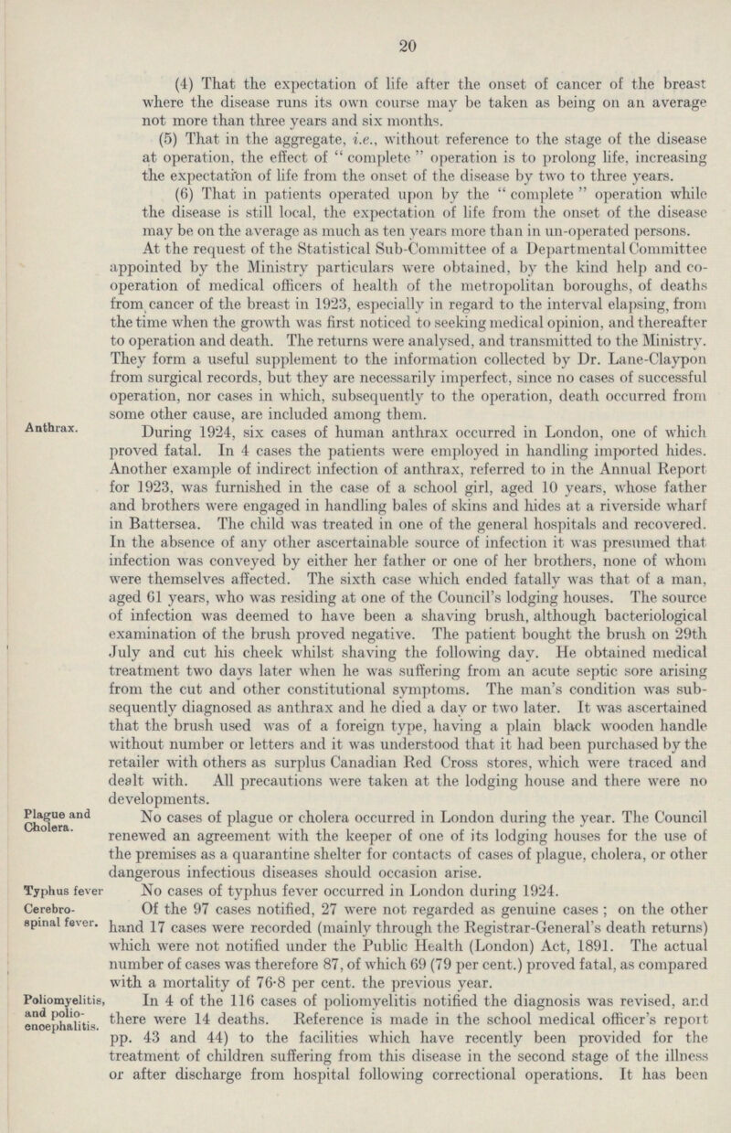 20 (4) That the expectation of life after the onset of cancer of the breast where the disease runs its own course may be taken as being on an average not more than three years and six months. (5) That in the aggregate, i.e., without reference to the stage of the disease at operation, the effect of complete operation is to prolong life, increasing the expectati'on of life from the onset of the disease by two to three years. (6) That in patients operated upon by the complete operation while the disease is still local, the expectation of life from the onset of the disease may be on the average as much as ten years more than in un-operated persons. At the request of the Statistical Sub-Committee of a Departmental Committee appointed by the Ministry particulars were obtained, by the kind help and co operation of medical officers of health of the metropolitan boroughs, of deaths from cancer of the breast in 1923, especially in regard to the interval elapsing, from the time when the growth was first noticed to seeking medical opinion, and thereafter to operation and death. The returns were analysed, and transmitted to the Ministry. They form a useful supplement to the information collected by Dr. Lane-Claypon from surgical records, but they are necessarily imperfect, since no cases of successful operation, nor cases in which, subsequently to the operation, death occurred from some other cause, are included among them. Anthrax. During 1924, six cases of human anthrax occurred in London, one of which proved fatal. In 4 cases the patients were employed in handling imported hides. Another example of indirect infection of anthrax, referred to in the Annual Report for 1923, was furnished in the case of a school girl, aged 10 years, whose father and brothers were engaged in handling bales of skins and hides at a riverside wharf in Battersea. The child was treated in one of the general hospitals and recovered. In the absence of any other ascertainable source of infection it was presumed that infection was conveyed by either her father or one of her brothers, none of whom were themselves affected. The sixth case which ended fatally was that of a man, aged 61 years, who was residing at one of the Council's lodging houses. The source of infection was deemed to have been a shaving brush, although bacteriological examination of the brush proved negative. The patient bought the brush on 29th July and cut his cheek whilst shaving the following day. He obtained medical treatment two days later when he was suffering from an acute septic sore arising from the cut and other constitutional symptoms. The man's condition was sub sequently diagnosed as anthrax and he died a day or two later. It was ascertained that the brush used was of a foreign type, having a plain black wooden handle without number or letters and it was understood that it had been purchased by the retailer with others as surplus Canadian Red Cross stores, which were traced and dealt with. All precautions were taken at the lodging house and there were no developments. Plague and Cholera. No cases of plague or cholera occurred in London during the year. The Council renewed an agreement with the keeper of one of its lodging houses for the use of the premises as a quarantine shelter for contacts of cases of plague, cholera, or other dangerous infectious diseases should occasion arise. Typhus fever Cerebro spinal fever. No cases of typhus fever occurred in London during 1924. Of the 97 cases notified, 27 were not regarded as genuine cases; on the other hand 17 cases were recorded (mainly through the Registrar-General's death returns) which were not notified under the Public Health (London) Act, 1891. The actual number of cases was therefore 87, of which 69 (79 per cent.) proved fatal, as compared with a mortalitv of 76.8 ner cent, the previous vear. Poliomyelitis, and polio encephalitis. In 4 of the 116 cases of poliomyelitis notified the diagnosis was revised, and there were 14 deaths. Reference is made in the school medical officer's report pp. 43 and 44) to the facilities which have recently been provided for the treatment of children suffering from this disease in the second stage of the illness or after discharge from hospital following correctional operations. It has been