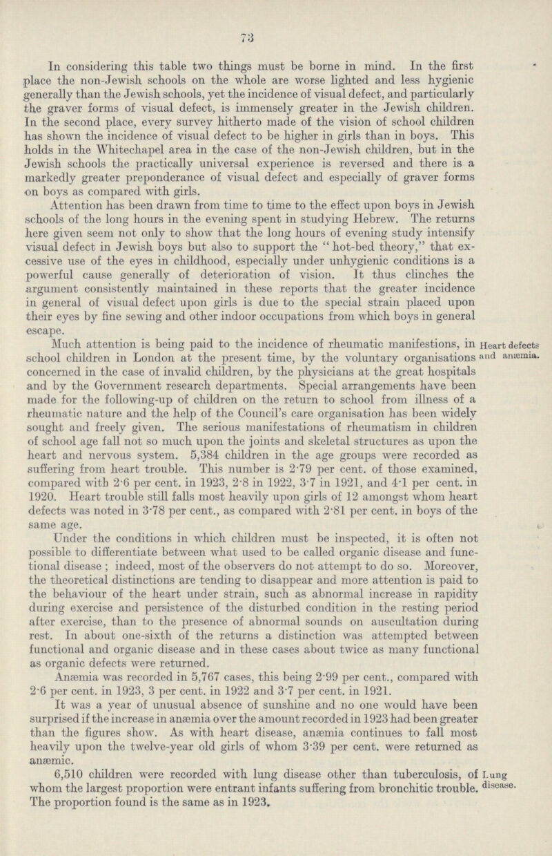 73 In considering this table two things must be borne in mind. In the first place the non-Jewish schools on the whole are worse lighted and less hygienic generally than the Jewish schools, yet the incidence of visual defect, and particularly the graver forms of visual defect, is immensely greater in the Jewish children. In the second place, every survey hitherto made of the vision of school children has shown the incidence of visual defect to be higher in girls than in boys. This holds in the Whitechapel area in the case of the non-Jewish children, but in the Jewish schools the practically universal experience is reversed and there is a markedly greater preponderance of visual defect and especially of graver forms on boys as compared with girls. Attention has been drawn from time to time to the effect upon boys in Jewish schools of the long hours in the evening spent in studying Hebrew. The returns here given seem not only to show that the long hours of evening study intensify visual defect in Jewish boys but also to support the hot-bed theory, that ex cessive use of the eyes in childhood, especially under unhygienic conditions is a powerful cause generally of deterioration of vision. It thus clinches the argument consistently maintained in these reports that the greater incidence in general of visual defect upon girls is due to the special strain placed upon their eyes by fine sewing and other indoor occupations from which boys in general escape. Heart defects and anæmia. Much attention is being paid to the incidence of rheumatic manifestions, in school children in London at the present time, by the voluntary organisations concerned in the case of invalid children, by the physicians at the great hospitals and by the Government research departments. Special arrangements have been made for the following-up of children on the return to school from illness of a rheumatic nature and the help of the Council's care organisation has been widely sought and freely given. The serious manifestations of rheumatism in children of school age fall not so much upon the joints and skeletal structures as upon the heart and nervous system. 5,384 children in the age groups were recorded as suffering from heart trouble. This number is 2.79 per cent. of those examined, compared with 2.6 per cent. in 1923, 2.8 in 1922, 3.7 in 1921, and 4.l per cent. in 1920. Heart trouble still falls most heavily upon girls of 12 amongst whom heart defects was noted in 3.78 per cent., as compared with 2.81 per cent. in boys of the same age. Under the conditions in which children must be inspected, it is often not possible to differentiate between what used to be called organic disease and func tional disease; indeed, most of the observers do not attempt to do so. Moreover, the theoretical distinctions are tending to disappear and more attention is paid to the behaviour of the heart under strain, such as abnormal increase in rapidity during exercise and persistence of the disturbed condition in the resting period after exercise, than to the presence of abnormal sounds on auscultation during rest. In about one-sixth of the returns a distinction was attempted between functional and organic disease and in these cases about twice as many functional as organic defects were returned. Anaemia was recorded in 5,767 cases, this being 2.99 per cent., compared with 2.6 per cent. in 1923, 3 per cent. in 1922 and 3.7 per cent. in 1921. It was a year of unusual absence of sunshine and no one would have been surprised if the increase in anaemia over the amount recorded in 1923 had been greater than the figures show. As with heart disease, anaemia continues to fall most heavily upon the twelve-year old girls of whom 3.39 per cent. were returned as anaemic. Lung disease. 6,510 children were recorded with lung disease other than tuberculosis, of whom the largest proportion were entrant infants suffering from bronchitic trouble. The proportion found is the same as in 1923.