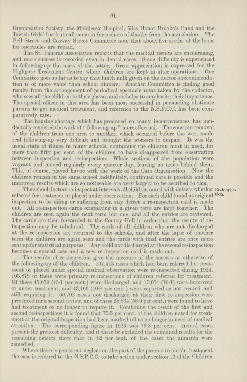 81 Organisation Society, the Middlesex Hospital, Miss Honor Brooke's Fund and the Jewish Girls' Institute all come in for a share of thanks from the association. The Bell Street and Cosway Street Committee note that about five-sixths of the loans for spectacles are repaid. The St. Pancras Association reports that the medical results are encouraging, and more success is recorded even in dental cases. Some difficulty is experienced in following-up the mass of the latter. Great appreciation is expressed for the Highgate Treatment Centre, where children are kept in after operations. One Committee goes so far as to say that lunch milk given on the doctor's recommenda tion is of more value than school dinners. Another Committee is finding good results from the arrangement of periodical spectacle rotas taken by the collector, who sees all the children in their glasses and so helps to emphasise their importance. The special officer in this area has been most successful in persuading obstinate parents to get medical treatment, and reference to the N.S.P.C.C. has been com paratively rare. The housing shortage which has produced so many inconveniences has inci dentally rendered the work of following-up more effectual. The constant removal of the children from one area to another, which occurred before the war, made real following-up very difficult and brought the workers to despair. It was the usual state of things in many schools, containing the children most in need, for more than fifty per cent. of the children to have disappeared from observation between inspection and re-inspection. Whole sections of the population were vagrant and moved regularly every quarter day, leaving no trace behind them. This, of course, played havoc with the work of the Care Organisation. Now the children remain in the same school indefinitely, continued care is possible and the improved results which are so noticeable are very largely to be ascribed to this. Re-inspec¬ tion. The school doctors re-inspect at intervals all children noted with defects whether referred for treatment or placed under observation. For each child found at original inspection to be ailing or suffering from any defect a re-inspection card is made out. All re-inspection cards originating in a given term are kept together. The children are seen again the next term but one, and all the entries are reviewed. The cards are then forwarded to the County Hall in order that the results of re inspection may be tabulated. The cards of all children who are not discharged at the re-inspection are returned to the schools, and after the lapse of another term the children are again seen and the cards with final entries are once more sent up for statistical purposes. Any child not discharged at the second re-inspection becomes a special case and a new re-inspection card is made out. The results of re-inspection give the measure of the success or otherwise of the following-up of the children. 197,413 cases which had been referred for treat ment or placed under special medical observation were re-inspected during 1924. 105,879 of these were primary re-inspections of children referred for treatment. Of these 45,659 (43.1 per cent.) were discharged, and 17,054 (16.1) were improved or under treatment, and 43,166 (40.8 per cent.) were reported as not treated and still requiring it. 50,702 cases not discharged at their first re-inspection were presented for a second review, and of these 28,834 (56.9 per cent.) were found to have had treatment or no longer to require it. Combining the result of the first and second re-inspections it is found that 75.5 per cent. of the children noted for treat ment at the original inspection had been marked off as no longer in need of medical attention. The corresponding figure in 1923 was 76.8 per cent. Dental cases present the greatest difficulty, and if these be excluded the combined results for the remaining defects show that in 82 per cent. of the cases the ailments were remedied. Where there is persistent neglect on the part of the parents to obtain treatment the case is referred to the N.S.P.C.C. to take action under section 12 of the Children