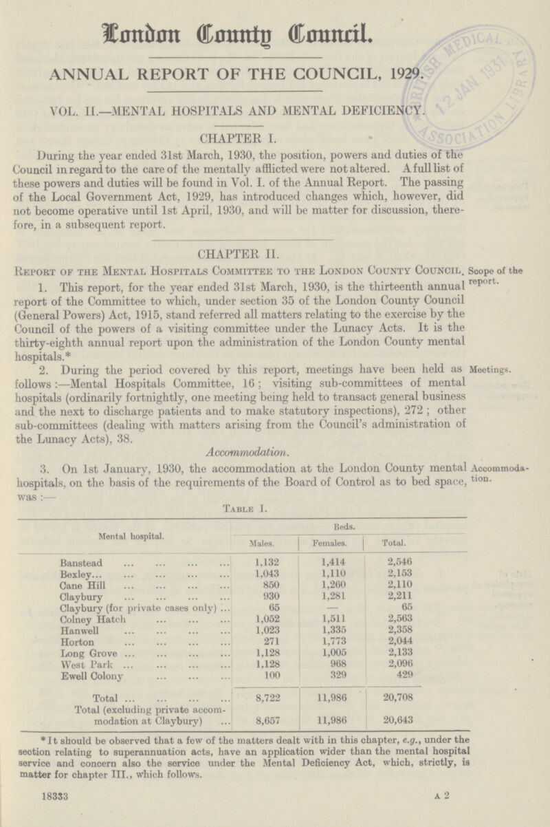 London County Council ANNUAL REPORT OF THE COUNCIL, 1929. VOL. II.—.MENTAL HOSPITALS AND MENTAL DEFICIENCY. CHAPTER I. During the year elided 31st March, 1930, the position, powers and duties of the Council in regard to the care of the mentally afflicted were not altered. A full list of these powers and duties will be found in Vol. I. of the Annual Report. The passing of the Local Government Act, 1929, has introduced changes which, however, did not become operative until 1st April, 1930, and will be matter for discussion, there fore, in a subsequent report. CHAPTER II. Report of the Mental Hospitals Committee to the London County Council. 1. This report, for the year ended 31st March, 1930, is the thirteenth annual report of the Committee to which, under section 35 of the London County Council (General Powers) Act, 1915, stand referred all matters relating to the exercise by the Council of the powers of a visiting committee under the Lunacy Acts. It is the thirty-eighth annual report upon the administration of the London County mental hosDitals.* Scope of the report. 2. During the period covered by this report, meetings have been held as follows :—Mental Hospitals Committee, 16; visiting sub-committees of mental hospitals (ordinarily fortnightly, one meeting being held to transact general business and the next to discharge patients and to make statutory inspections), 272 ; other sub-committees (dealing with matters arising from the Council's administration of the Lunacv Acts), 38. Meetings. Accommodation. 3. On 1st January, 1930, the accommodation at the London County mental hospitals, on the basis of the requirements of the Board of Control as to bed space, was :— Accommoda tion. Table I. Mental hospital. Beds. Males. Females. Total. Banstead 1,132 1,414 2,546 Bexley 1,043 1,110 2,153 Cane Hill 850 1,260 2,110 Claybury 930 1,281 2,211 Claybury (for private cases only) 65 — 65 Colney Hatch 1,052 1,511 2,563 Hanwell 1,023 1,335 2,358 Horton 271 1,773 2,044 Long Grove 1,128 1,005 2,133 West Park 1,128 968 2,096 Ewell Colony 100 329 429 Total 8,722 11,986 20,708 Total (excluding private accom modation at Claybury) 8,657 11,986 20,643 *It should be observed that a few of the matters dealt with in this chapter, e.g., under the section relating to superannuation acts, have an application wider than the mental hospital service and concern also the service under the Mental Deficiency Act, which, strictly, is matter for chapter III., which follows. 18333 A 2