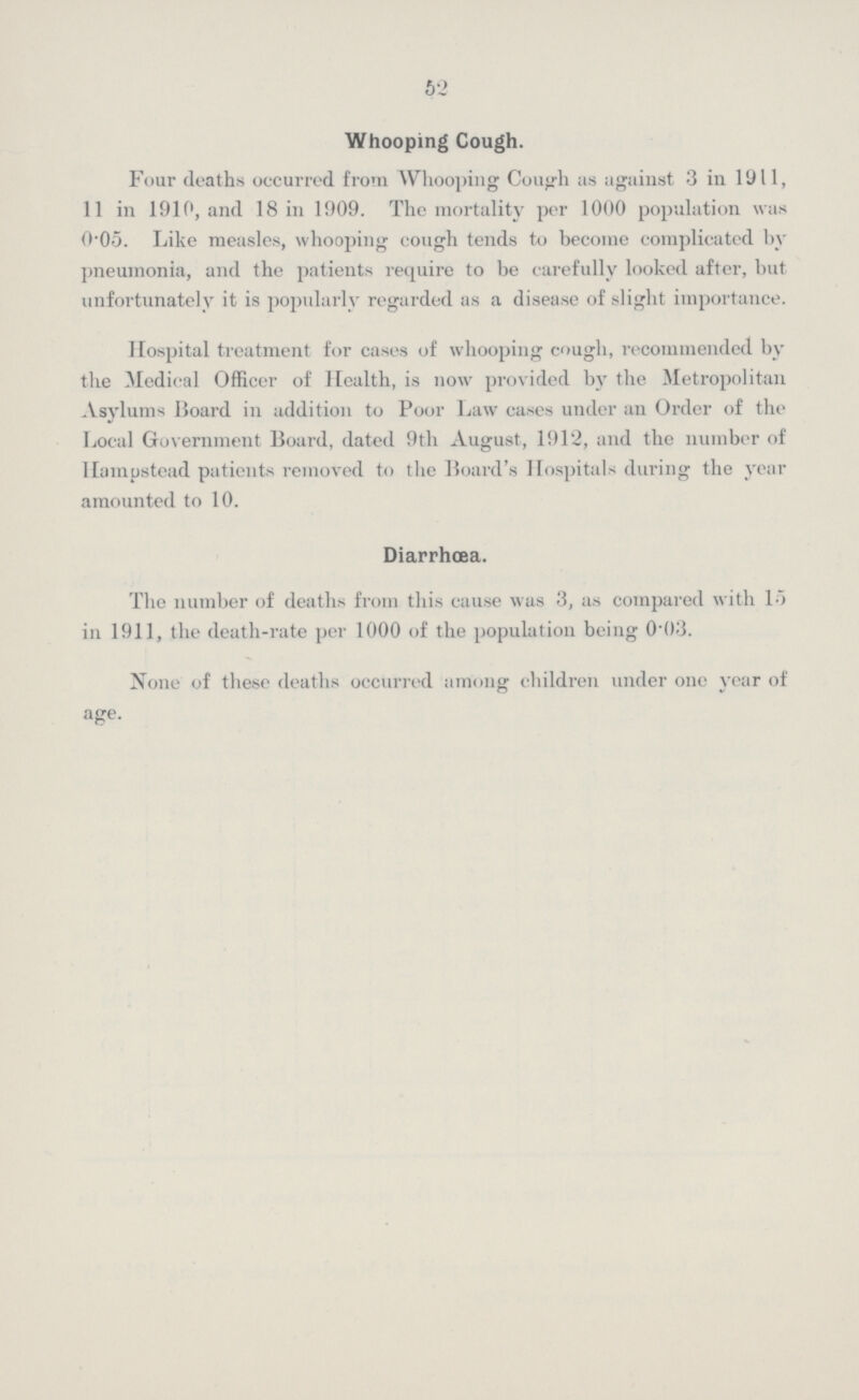 52 Whooping Cough. Four deaths occurred from Whooping Cough as against 3 in 1911, 11 in 1910, and 18 in 1909. The mortality per 1000 population was 0.05. Like measles, whooping cough tends to become complicated by pneumonia, and the patients require to be carefully looked after, but unfortunately it is popularly regarded as a disease of slight importance. Hospital treatment for cases of whooping cough, recommended by the Medical Officer of Health, is now provided by the Metropolitan Asylums Board in addition to Poor Law cases under an Order of the Local Government Board, dated 9th August, 1912, and the number of llampstead patients removed to the Board's Hospitals during the year amounted to 10. Diarrhœa. The number of deaths from this cause was 3, as compared with 15 in 1911, the death-rate per 1000 of the population being 003. None of these deaths occurred among children under one year of age.