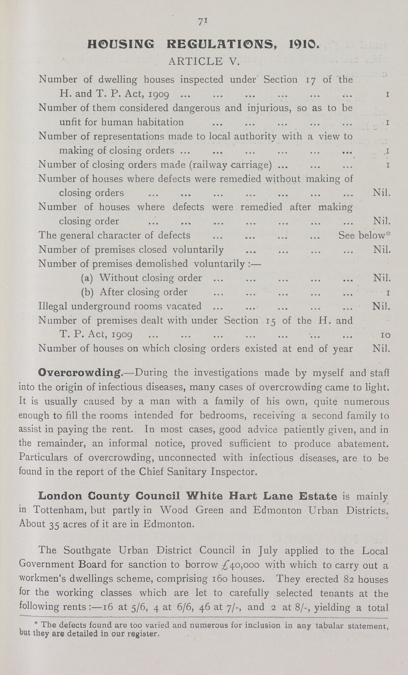 71 HOUSING REGULATIONS, 1910. ARTICLE V. Number of dwelling houses inspected under Section 17 of the H. and T. P. Act, 1909 1 Number of them considered dangerous and injurious, so as to be unfit for human habitation 1 Number of representations made to local authority with a view to making of closing orders 1 Number of closing orders made (railway carriage) 1 Number of houses where defects were remedied without making of closing orders Nil. Number of houses where defects were remedied after making closing order Nil. The general character of defects See below* Number of premises closed voluntarily Nil. Number of premises demolished voluntarily :—• (a) Without closing order Nil. (b) After closing order 1 Illegal underground rooms vacated Nil. Number of premises dealt with under Section 15 of the H. and T. P. Act, 1909 10 Number of houses on which closing orders existed at end of year Nil. Overcrowding.—During the investigations made by myself and staff into the origin of infectious diseases, many cases of overcrowding came to light. It is usually caused by a man with a family of his own, quite numerous enough to fill the rooms intended for bedrooms, receiving a second family to assist in paying the rent. In most cases, good advice patiently given, and in the remainder, an informal notice, proved sufficient to produce abatement. Particulars of overcrowding, unconnected with infectious diseases, are to be found in the report of the Chief Sanitary Inspector. London County Council White Hart Lane Estate is mainly in Tottenham, but partly in Wood Green and Edmonton Urban Districts. About 35 acres of it are in Edmonton. The Southgate Urban District Council in July applied to the Local Government Board for sanction to borrow £40,000 with which to carry out a workmen's dwellings scheme, comprising 160 houses. They erected 82 houses for the working classes which are let to carefully selected tenants at the following rents :—16 at 5/6, 4 at 6/6, 46 at 7/-, and 2 at 8/-, yielding a total The defects found are too varied and numerous for inclusion in any tabular statement, but they are detailed in our register,