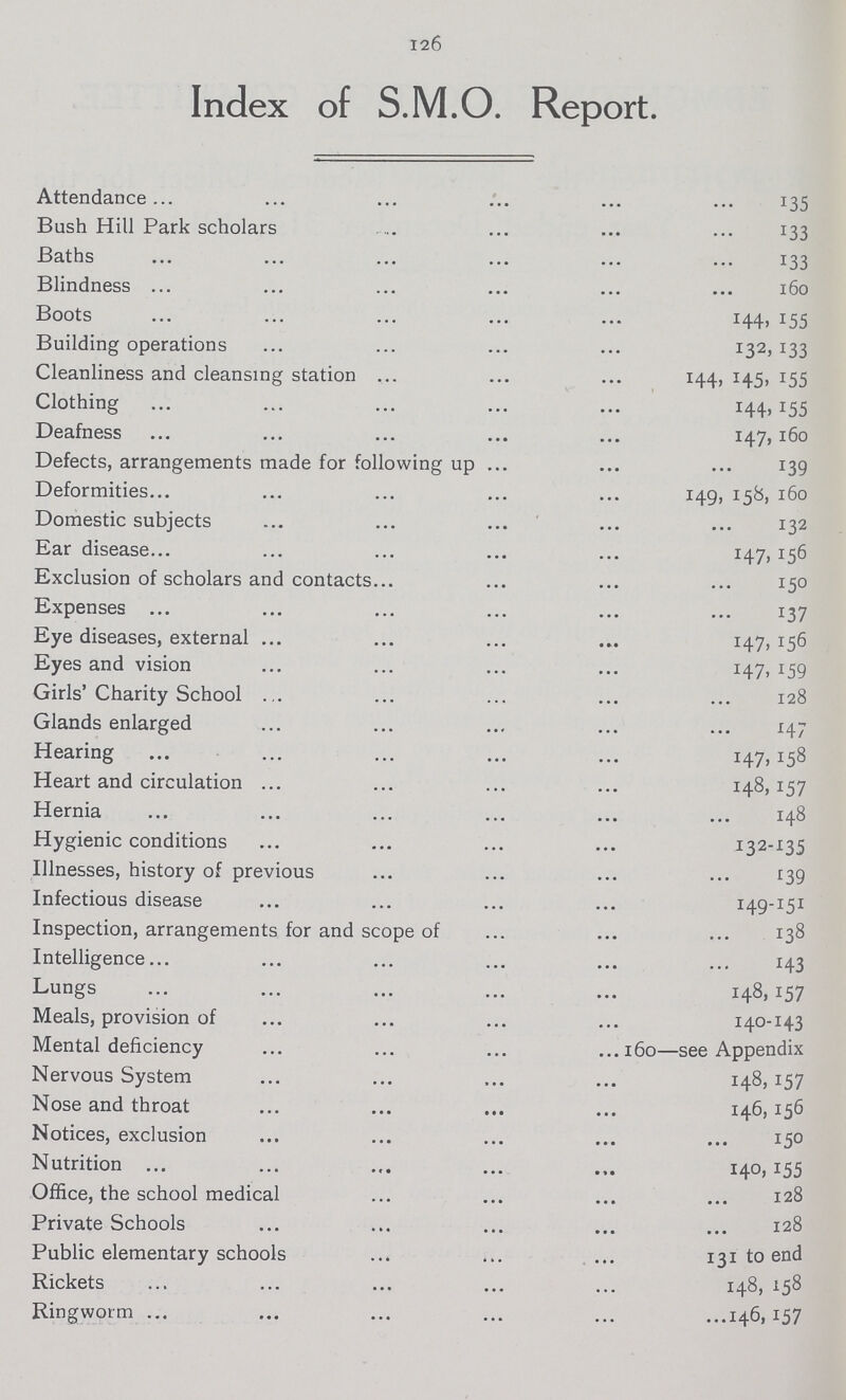 126 Index of S.M.O. Report. Attendance 135 Bush Hill Park scholars 133 Baths 133 Blindness 160 Boots 144. 155 Building operations 132,133 Cleanliness and cleansing station 144, 145, 155 Clothing 144, 155 Deafness 147, 160 Defects, arrangements made for following up 139 Deformities 149, 158, 160 Domestic subjects 132 Ear disease 147,156 Exclusion of scholars and contacts 150 Expenses 137 Eye diseases, external 147, 156 Eyes and vision 147, 159 Girls'Charity School 128 Glands enlarged 147 Hearing 147, 158 Heart and circulation 148,157 Hernia 148 Hygienic conditions 132-135 Illnesses, history of previous 139 Infectious disease 149-151 Inspection, arrangements for and scope of 138 Intelligence 143 Lungs 148) 157 Meals, provision of 140-143 Mental deficiency 160—see Appendix Nervous System 148,157 Nose and throat 146,156 Notices, exclusion 15° Nutrition 140,155 Office, the school medical 128 Private Schools 128 Public elementary schools 131 to end Rickets 148, 158 Ringworm 146, 157