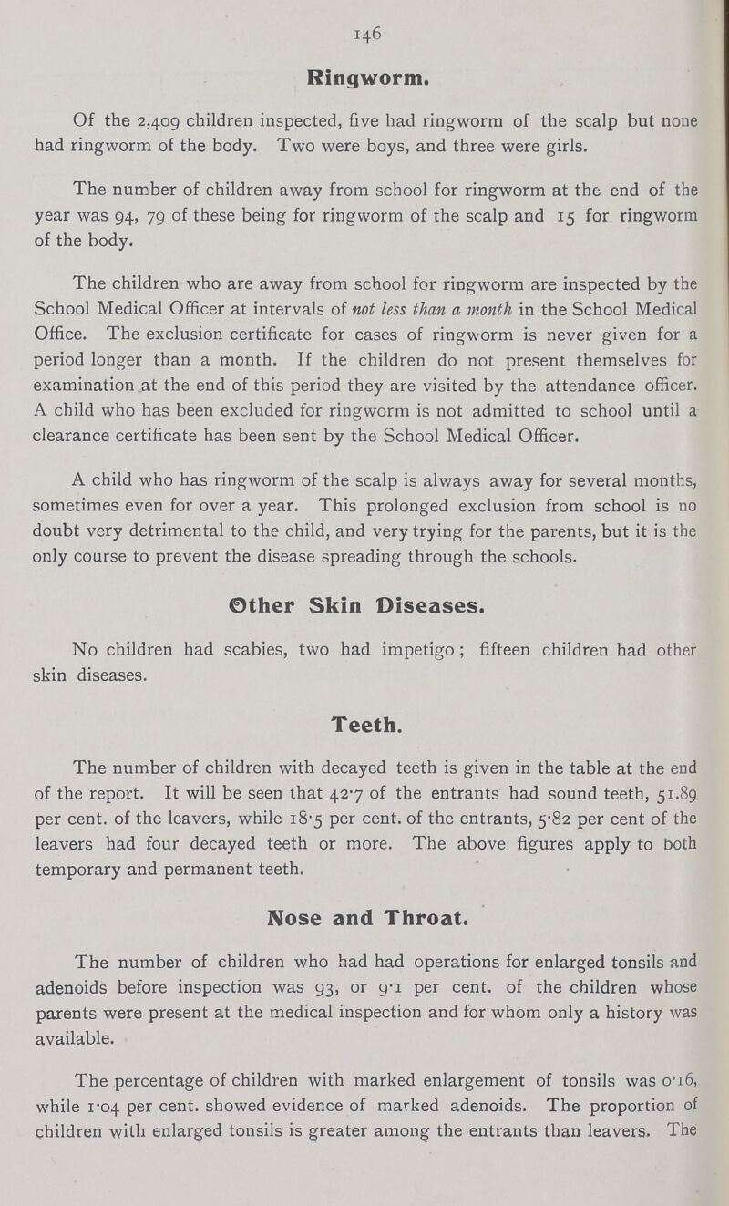 146 Ringworm. Of the 2,409 children inspected, five had ringworm of the scalp but none had ringworm of the body. Two were boys, and three were girls. The number of children away from school for ringworm at the end of the year was 94, 79 of these being for ringworm of the scalp and 15 for ringworm of the body. The children who are away from school for ringworm are inspected by the School Medical Officer at intervals of not less than a month in the School Medical Office. The exclusion certificate for cases of ringworm is never given for a period longer than a month. If the children do not present themselves for examination at the end of this period they are visited by the attendance officer. A child who has been excluded for ringworm is not admitted to school until a clearance certificate has been sent by the School Medical Officer. A child who has ringworm of the scalp is always away for several months, sometimes even for over a year. This prolonged exclusion from school is no doubt very detrimental to the child, and very trying for the parents, but it is the only course to prevent the disease spreading through the schools. Other Skin Diseases. No children had scabies, two had impetigo; fifteen children had other skin diseases. Teeth. The number of children with decayed teeth is given in the table at the end of the report. It will be seen that 42.7 of the entrants had sound teeth, 51.89 per cent. of the leavers, while 18.5 per cent. of the entrants, 5.82 per cent of the leavers had four decayed teeth or more. The above figures apply to both temporary and permanent teeth. Nose and Throat. The number of children who had had operations for enlarged tonsils and adenoids before inspection was 93, or 9.1 per cent. of the children whose parents were present at the medical inspection and for whom only a history was available. The percentage of children with marked enlargement of tonsils was 0.16, while 1.04 per cent. showed evidence of marked adenoids. The proportion of children with enlarged tonsils is greater among the entrants than leavers. The