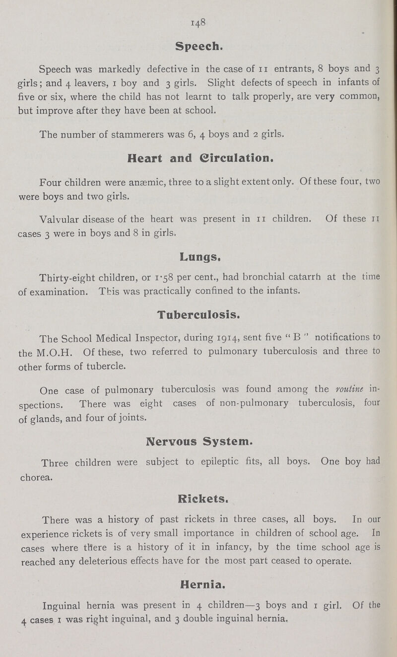 148 Speech. Speech was markedly defective in the case of 11 entrants, 8 boys and 3 girls; and 4 leavers, 1 boy and 3 girls. Slight defects of speech in infants of five or six, where the child has not learnt to talk properly, are very common, but improve after they have been at school. The number of stammerers was 6, 4 boys and 2 girls. Heart and Circulation. Four children were anaemic, three to a slight extent only. Of these four, two were boys and two girls. Valvular disease of the heart was present in 11 children. Of these 11 cases 3 were in boys and 8 in girls. Lungs. Thirty-eight children, or 1.58 per cent., had bronchial catarrh at the time of examination. This was practically confined to the infants. Tuberculosis. The School Medical Inspector, during 1914, sent five B notifications to the M.O.H. Of these, two referred to pulmonary tuberculosis and three to other forms of tubercle. One case of pulmonary tuberculosis was found among the routine in spections. There was eight cases of non-pulmonary tuberculosis, four of glands, and four of joints. Nervous System. Three children were subject to epileptic fits, all boys. One boy had chorea. Rickets. There was a history of past rickets in three cases, all boys. In our experience rickets is of very small importance in children of school age. In cases where there is a history of it in infancy, by the time school age is reached any deleterious effects have for the most part ceased to operate. Hernia. Inguinal hernia was present in 4 children—3 boys and 1 girl. Of the 4 cases 1 was right inguinal, and 3 double inguinal hernia.