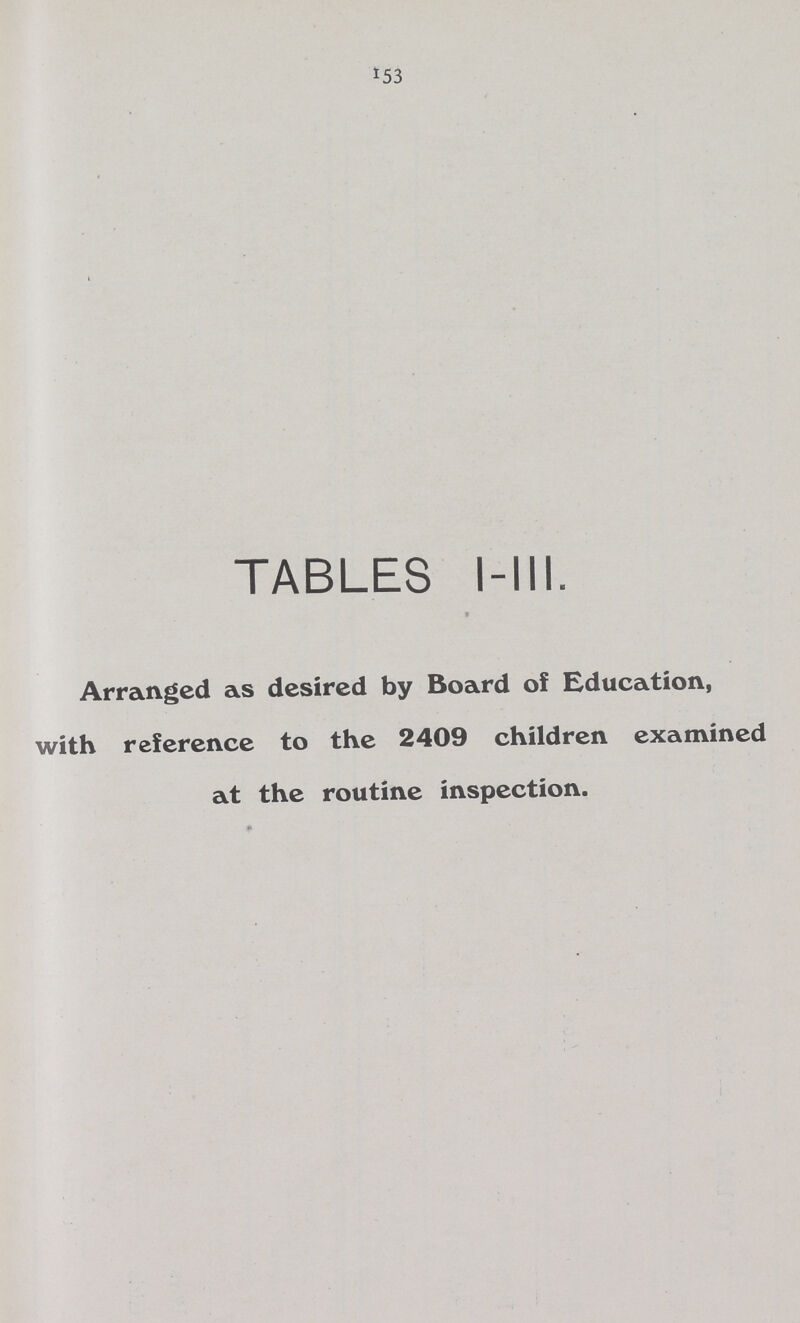 153 TABLES I-III. Arranged as desired by Board of Education, with reference to the 2409 children examined at the routine inspection.