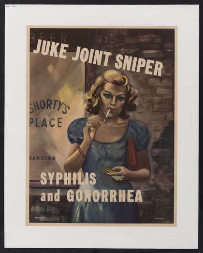 A prostitute lighting a cigarette outside a bar; warning American servicemen against sexually transmitted diseases. Colour lithograph after Ferree, 194-.
